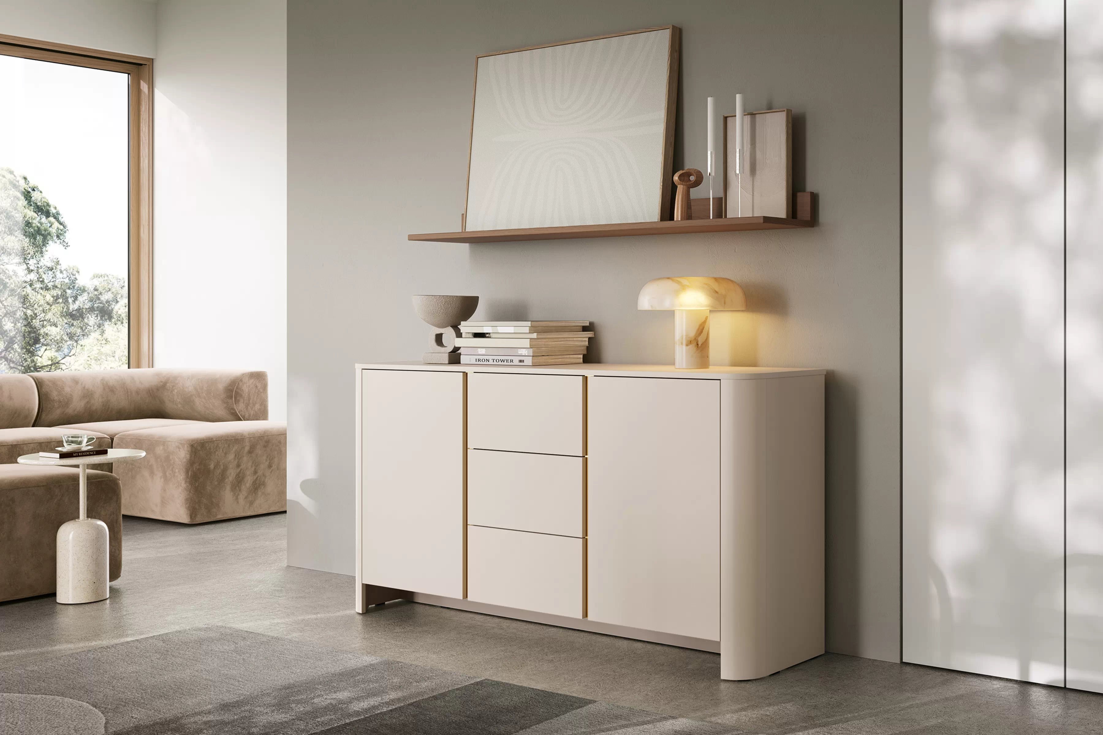 Komoda Sorrenti 168 cm se zásuvkami – kašmír / zlatá Komoda Sorrenti 168 cm se zásuvkami - kašmír / zlatá