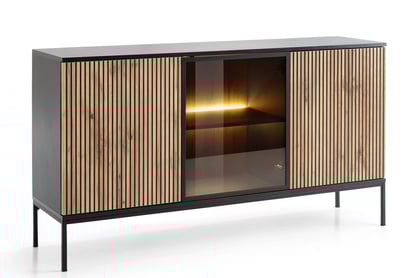 Třídveřová komoda Bogalo 154 cm s LED osvětlením - černá / dub wotan