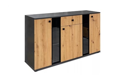 Třídveřová komoda Kaja s lamelami a zásuvkou 140 cm - dub artisan / matera