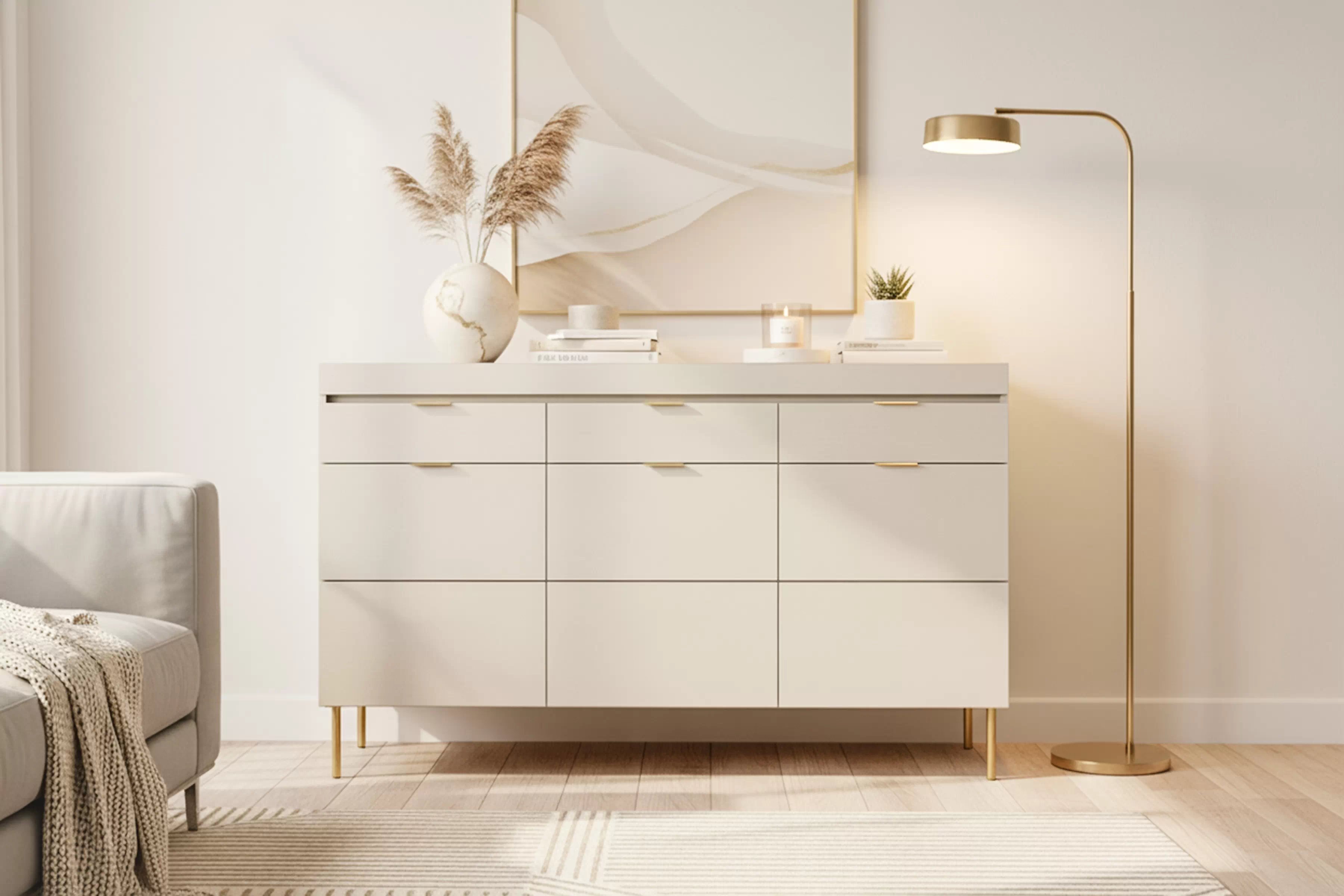 Komoda Sentia 157 cm se zásuvkami - kašmírová / zlatá Komoda třídveřová Sentia 157 se třemi  zásuvkami - kašmír / zlatá 