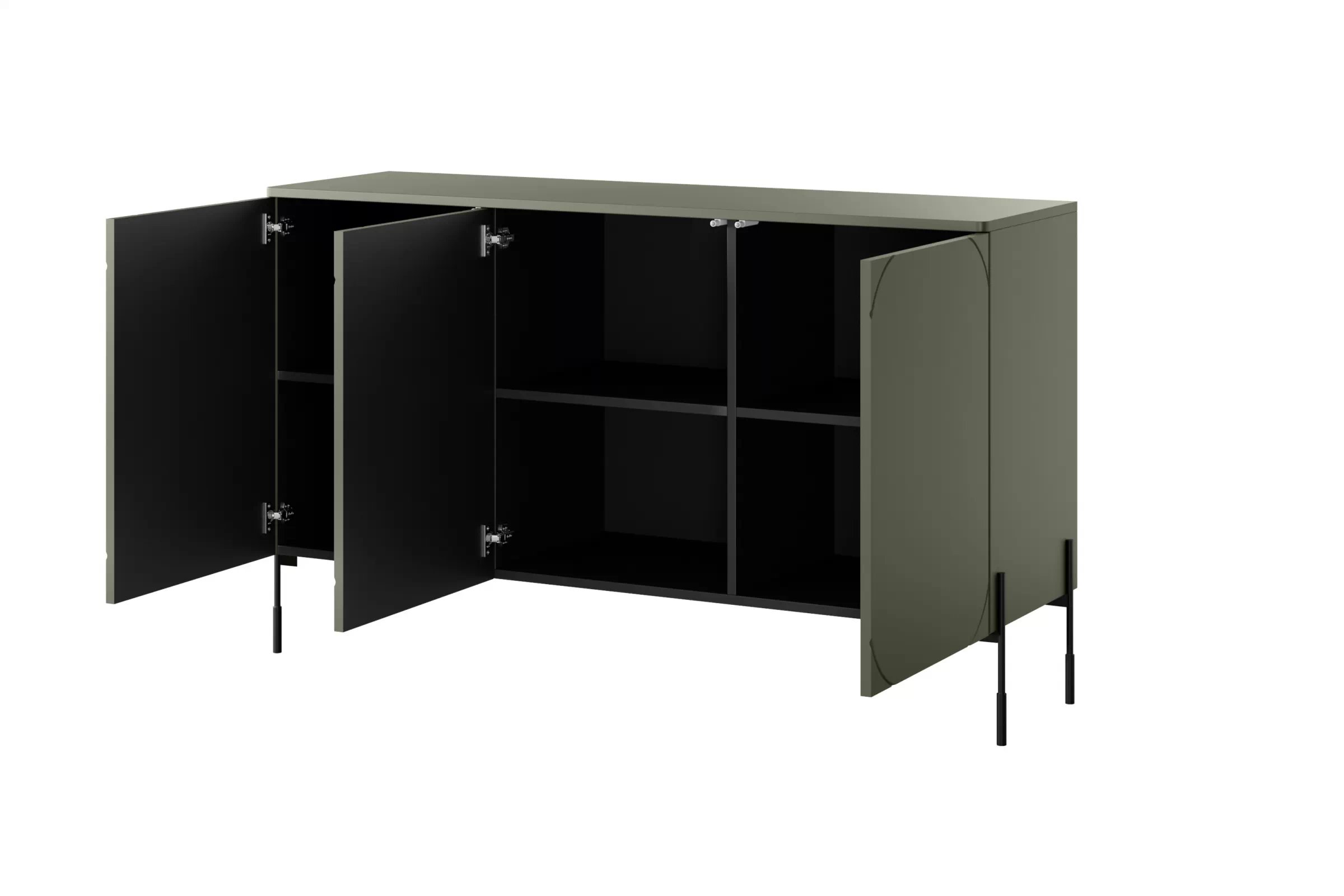 Trojdverová komoda Sonatia na kovových nohách 150 cm - olivová Komoda z przegrodami