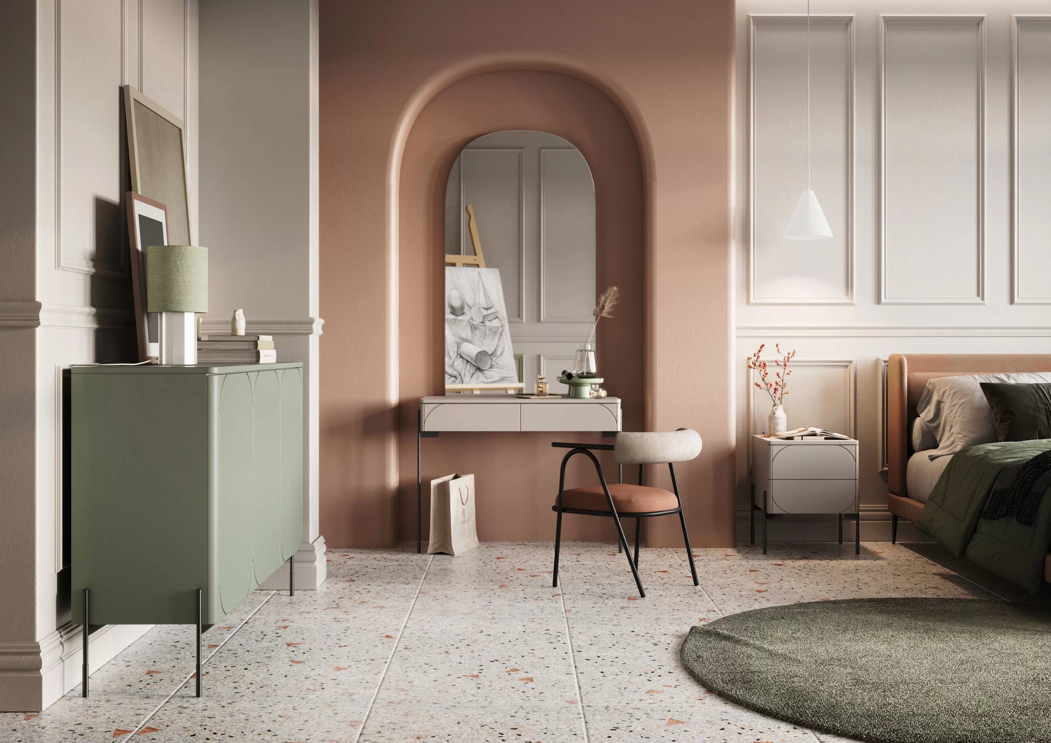 Komoda Sonatia 150 cm se čtyřmi skrytými zásuvkami - olivová Komoda třídveřová se čtyřmi ukrytymi zásuvkami Sonatia 150 cm - olivová