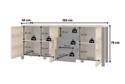 Komoda Olin 47 z szufladam 192 cm - dub grand přírodní / černá - Konec série Hnědá Komoda se skříňkoumi i zásuvkami