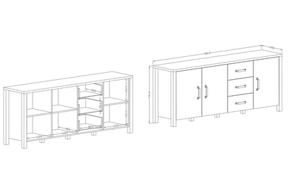 Komoda třídveřová Olin 47 z szufladam 192 cm - appenzeller fichte / černá mat Komoda do obývacího pokoje loft