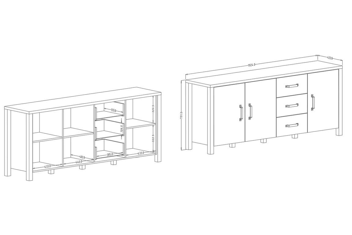 Komoda třídveřová Olin 47 z szufladam 192 cm - appenzeller fichte / černá mat Komoda do obývacího pokoje loft