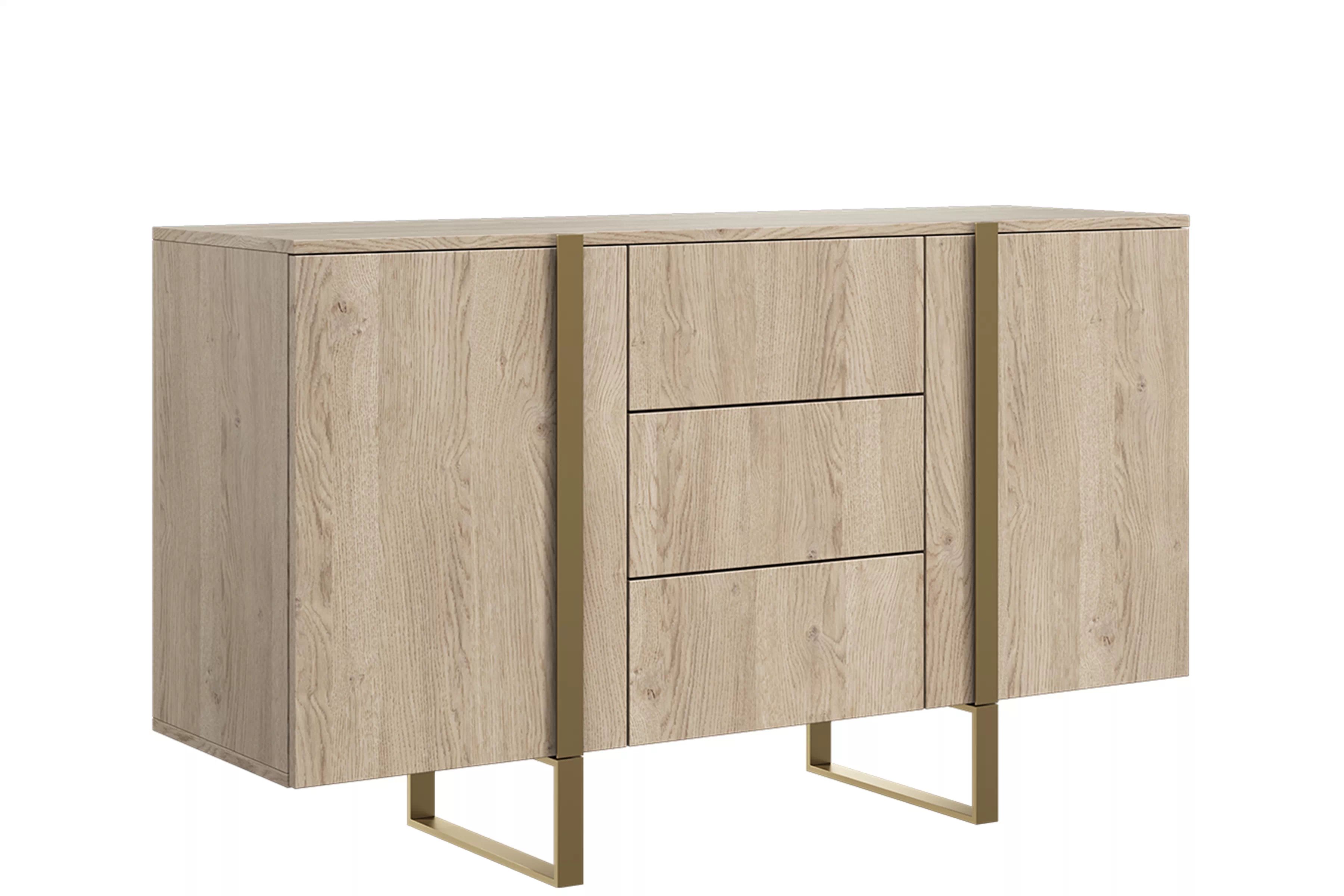 Dvojdverová komoda Verica 150 cm so zásuvkami - biszkoptový dub / zlaté nohy Komoda Verica 150 cm dvojdverová so zásuvkami - Dub biszkoptowy / zlote nozki