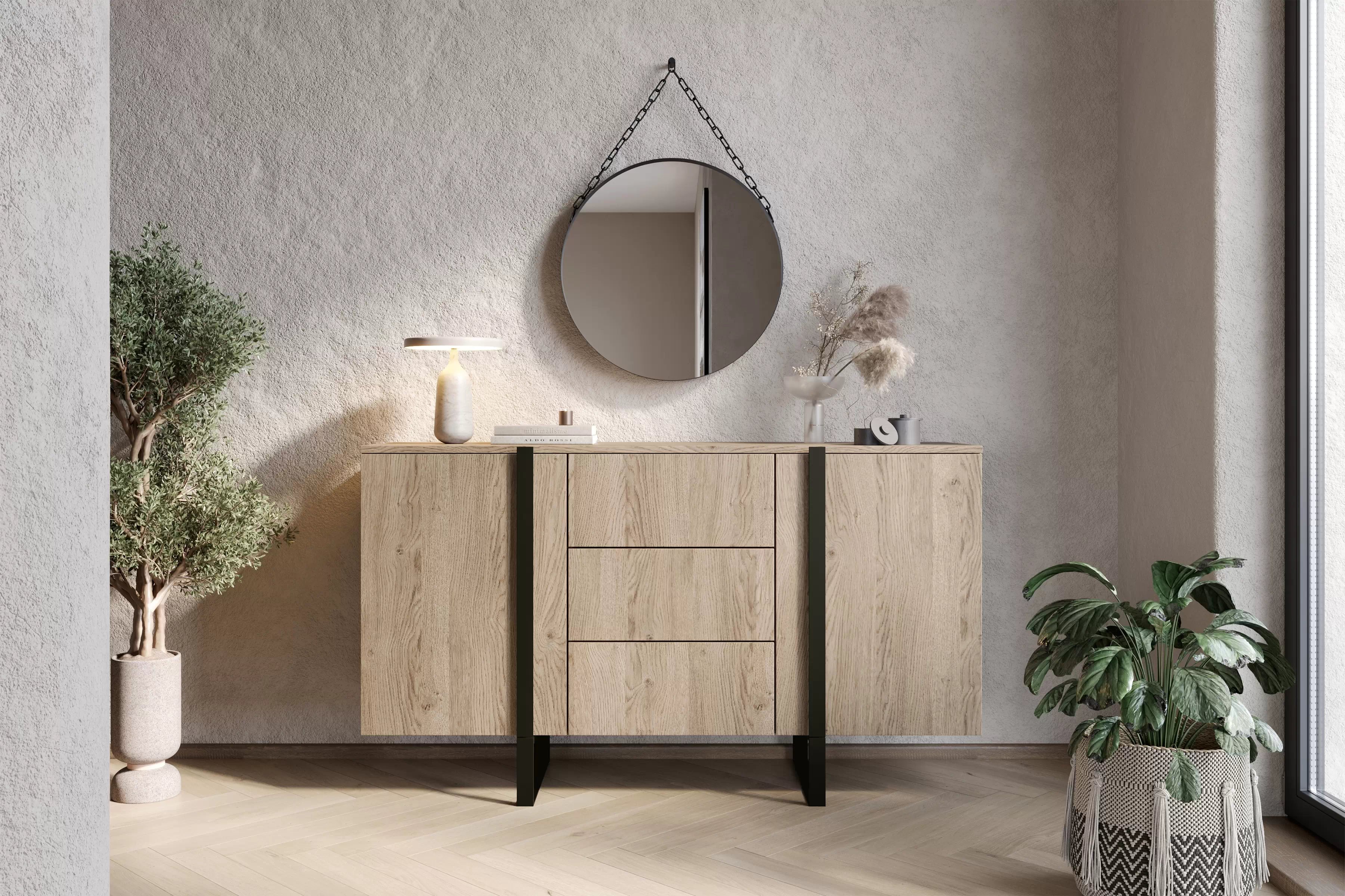 Komoda Verica 150 cm se třemi zásuvkami - dub piškotový / černé nožky Komoda Verica 150 cm se třemi  zásuvkami i metalowymi nogami - dub biszkoptowy / černá nozki