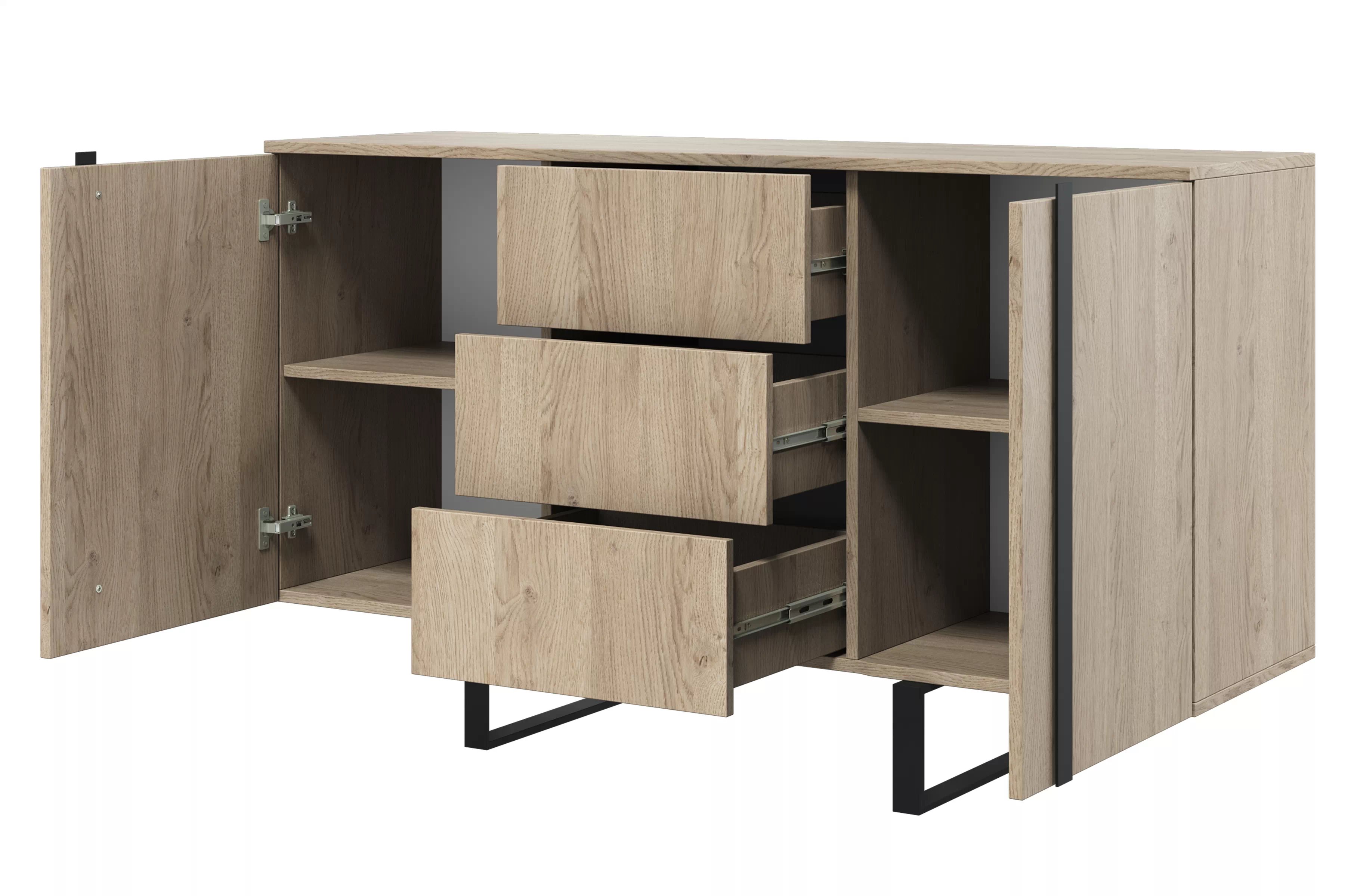 Komoda Verica 150 cm se třemi zásuvkami - dub piškotový / černé nožky Komoda Verica 150 cm se třemi  zásuvkami i metalowymi nogami - dub biszkoptowy / černá nozki