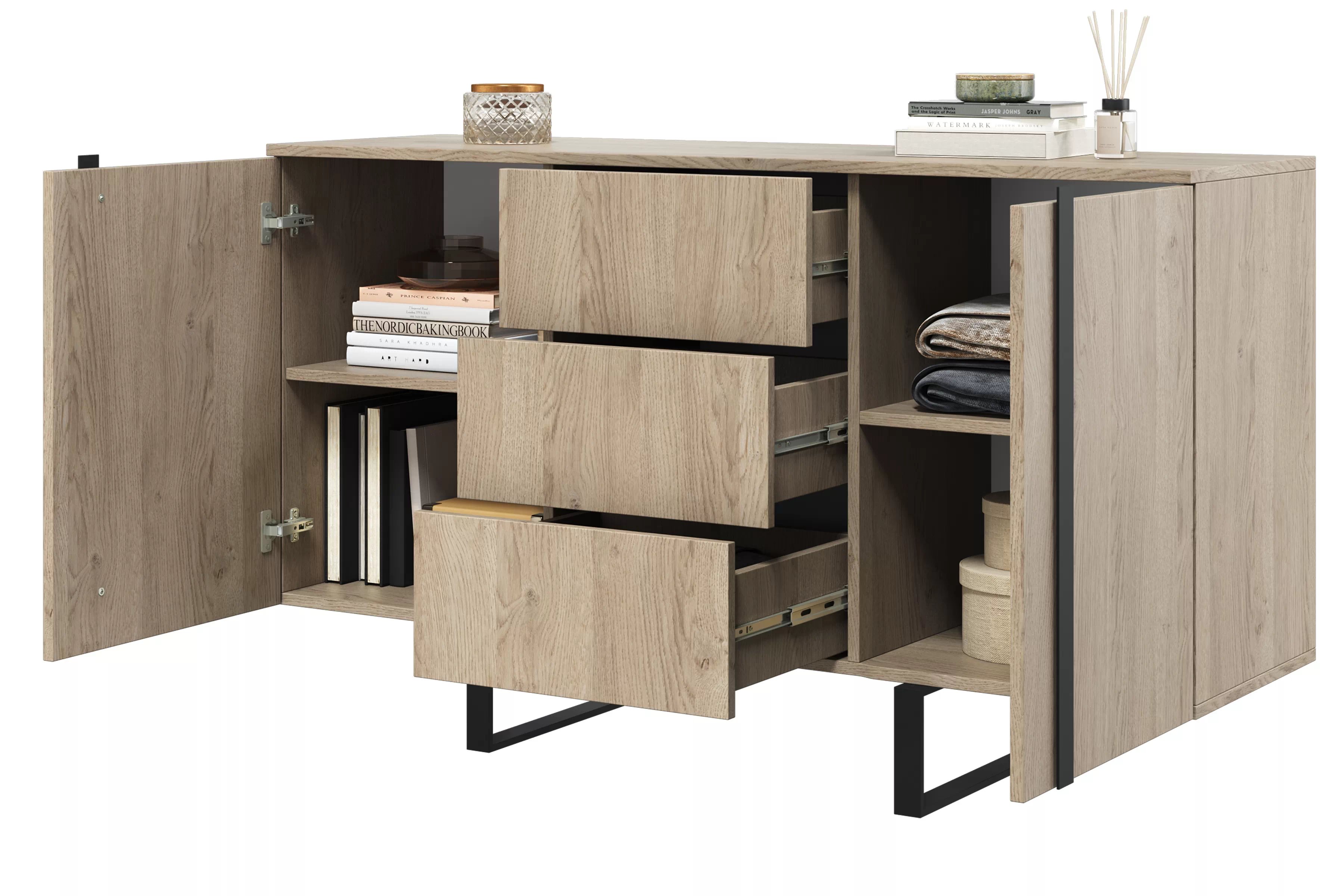 Komoda Verica 150 cm se třemi zásuvkami - dub piškotový / černé nožky Komoda Verica 150 cm se třemi  zásuvkami i metalowymi nogami - dub biszkoptowy / černá nozki