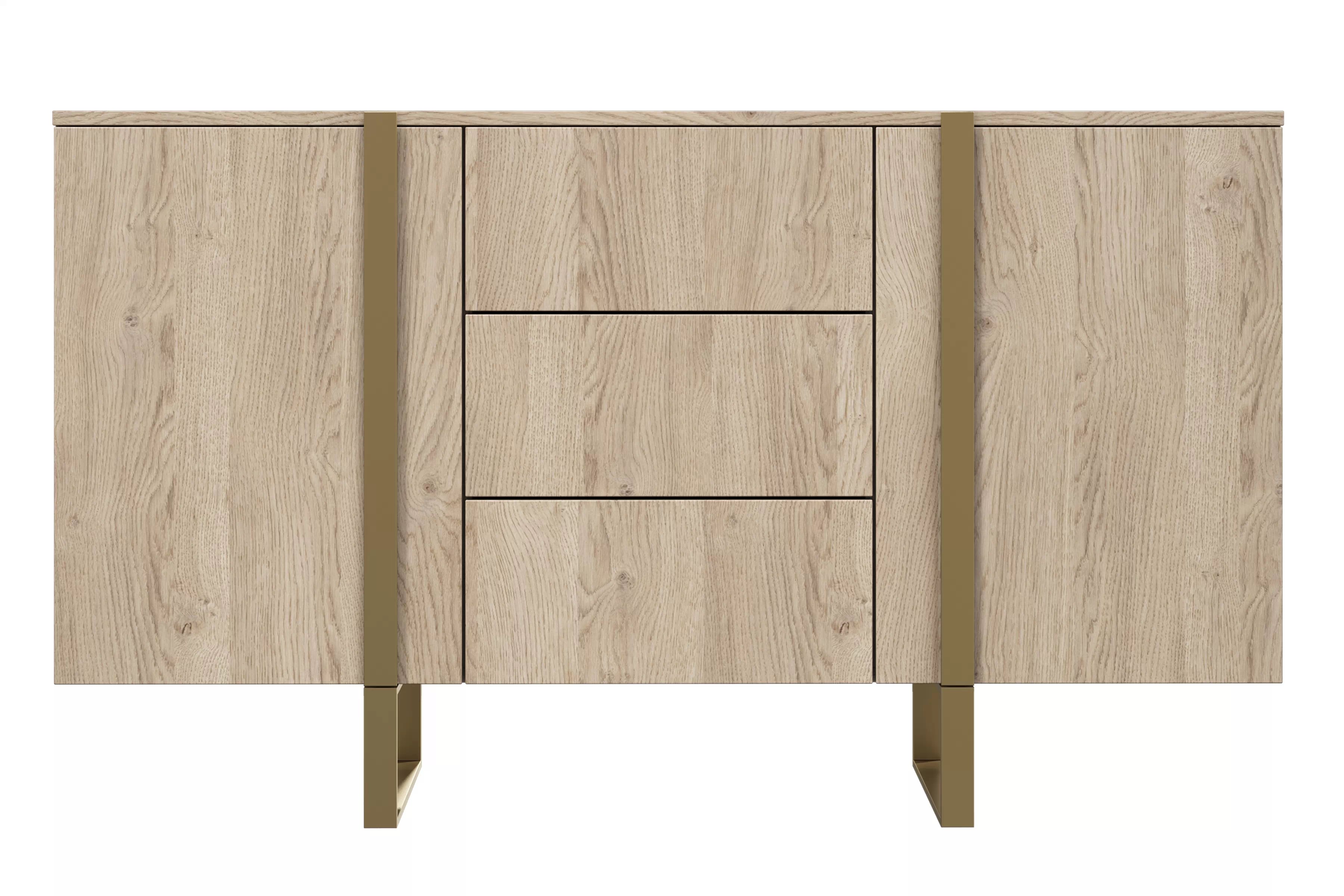 Komoda Verica 150 cm s 3 zásuvkami a kovovými nohami - dub piškótový / zlaté nožičky Komoda Verica 150 cm s tromi zásuvkami i metalowymi nogami - Dub biszkoptowy / zlote nozki