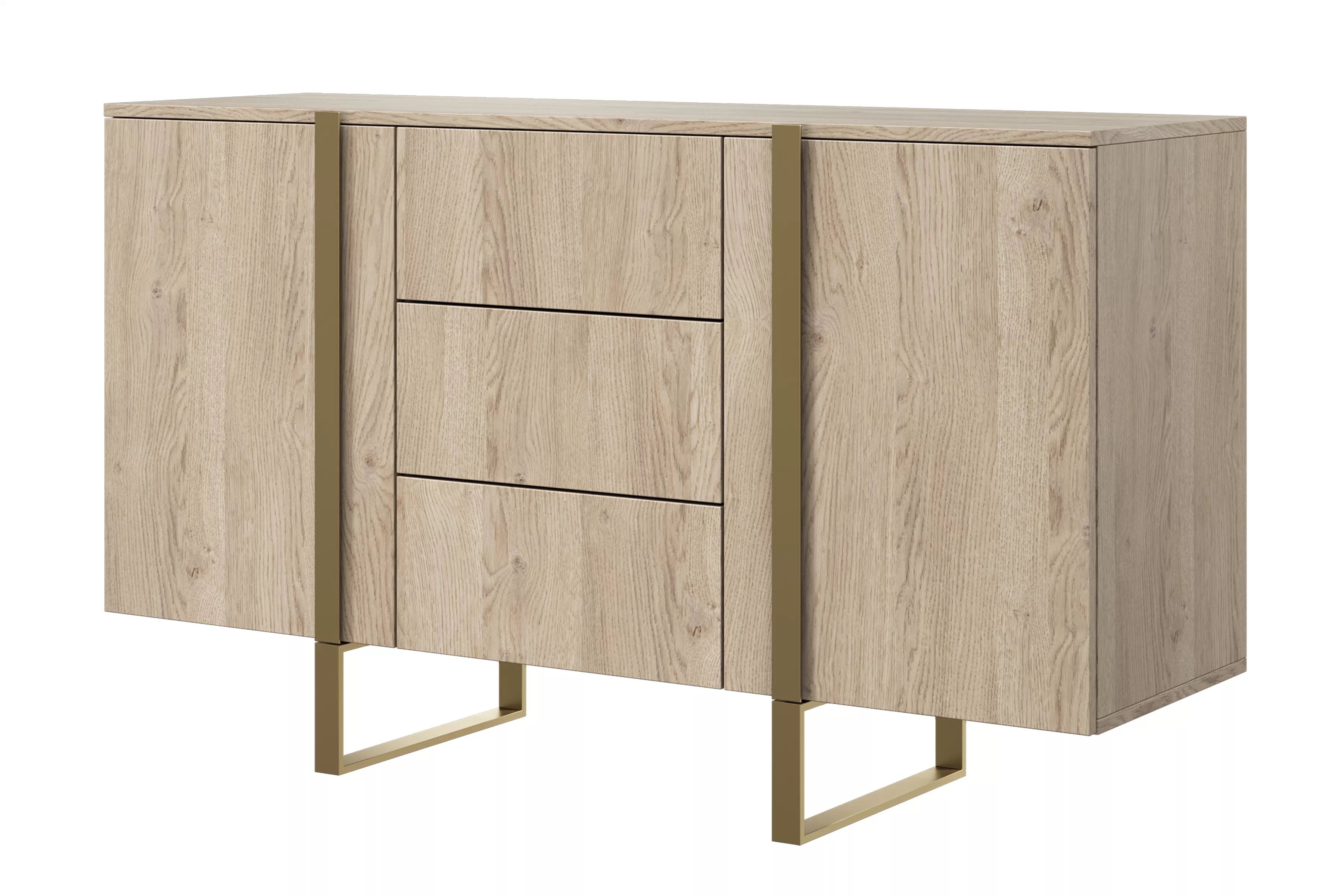 Komoda Verica 150 cm s 3 zásuvkami a kovovými nohami - dub piškótový / zlaté nožičky Komoda Verica 150 cm s tromi zásuvkami i metalowymi nogami - Dub biszkoptowy / zlote nozki