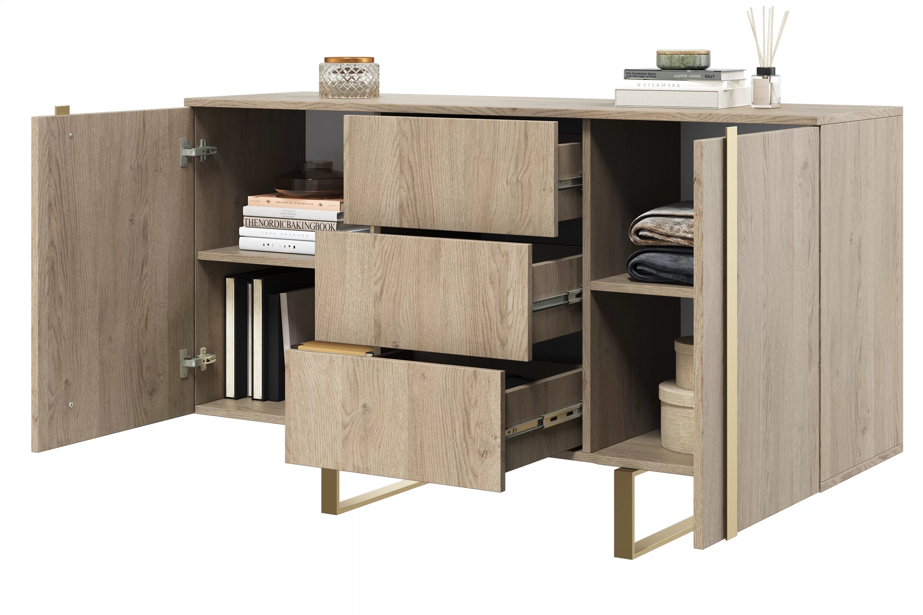 Komoda Verica 150 cm s 3 zásuvkami a kovovými nohami - dub piškótový / zlaté nožičky Komoda Verica 150 cm s tromi zásuvkami i metalowymi nogami - Dub biszkoptowy / zlote nozki