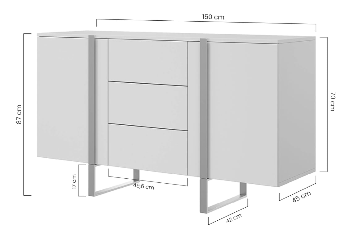 Komoda Verica 150 cm s tromi zásuvkami - kašmírová / čierne nožičky Komoda Verica 150 cm s tromi zásuvkami i metalowymi nogami - kašmír / čierny nozki