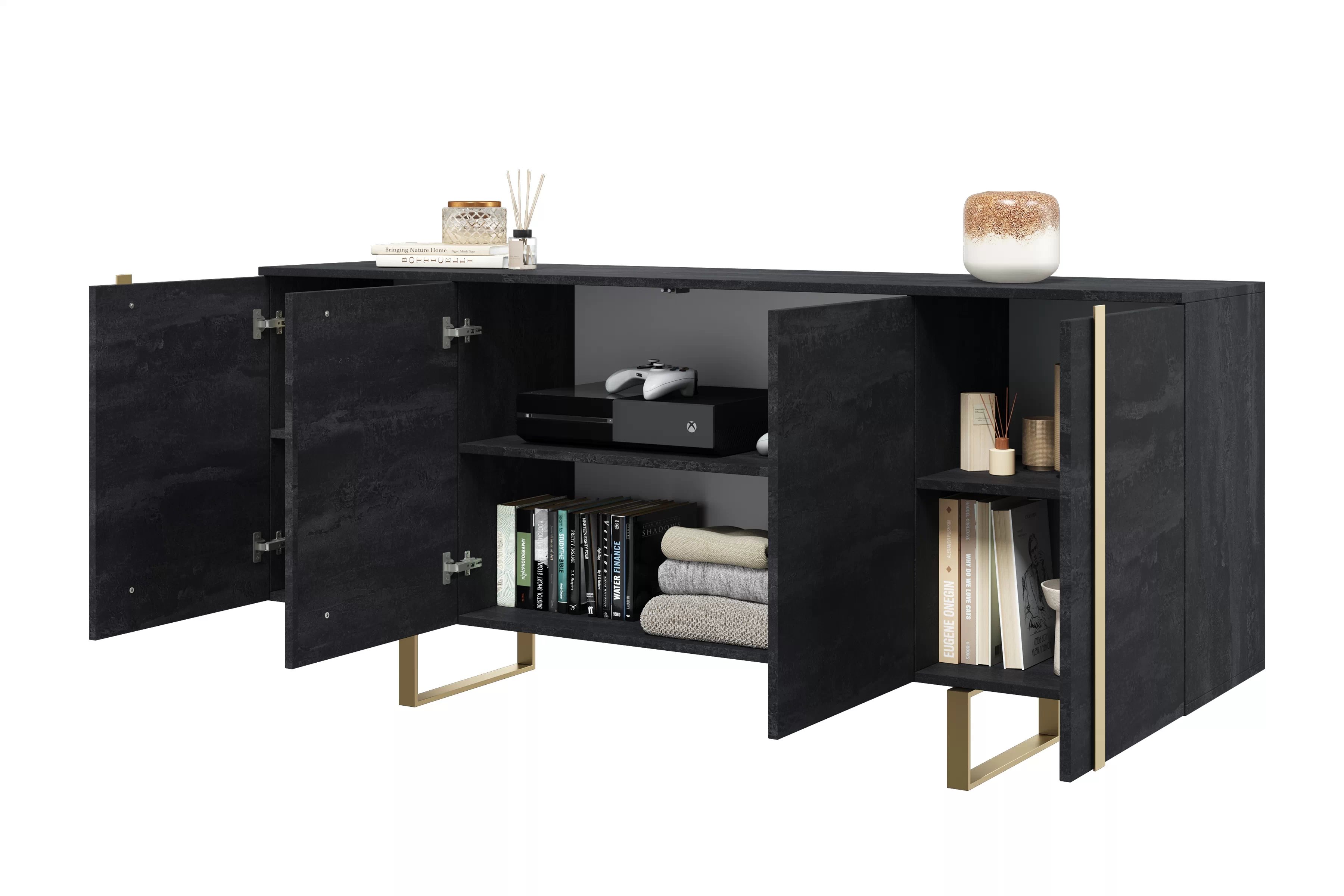 Komoda Verica 200 cm - černý beton / zlaté nohy Komoda Verica 200 cm na kovových nohách - černá beton / zlaté nozki