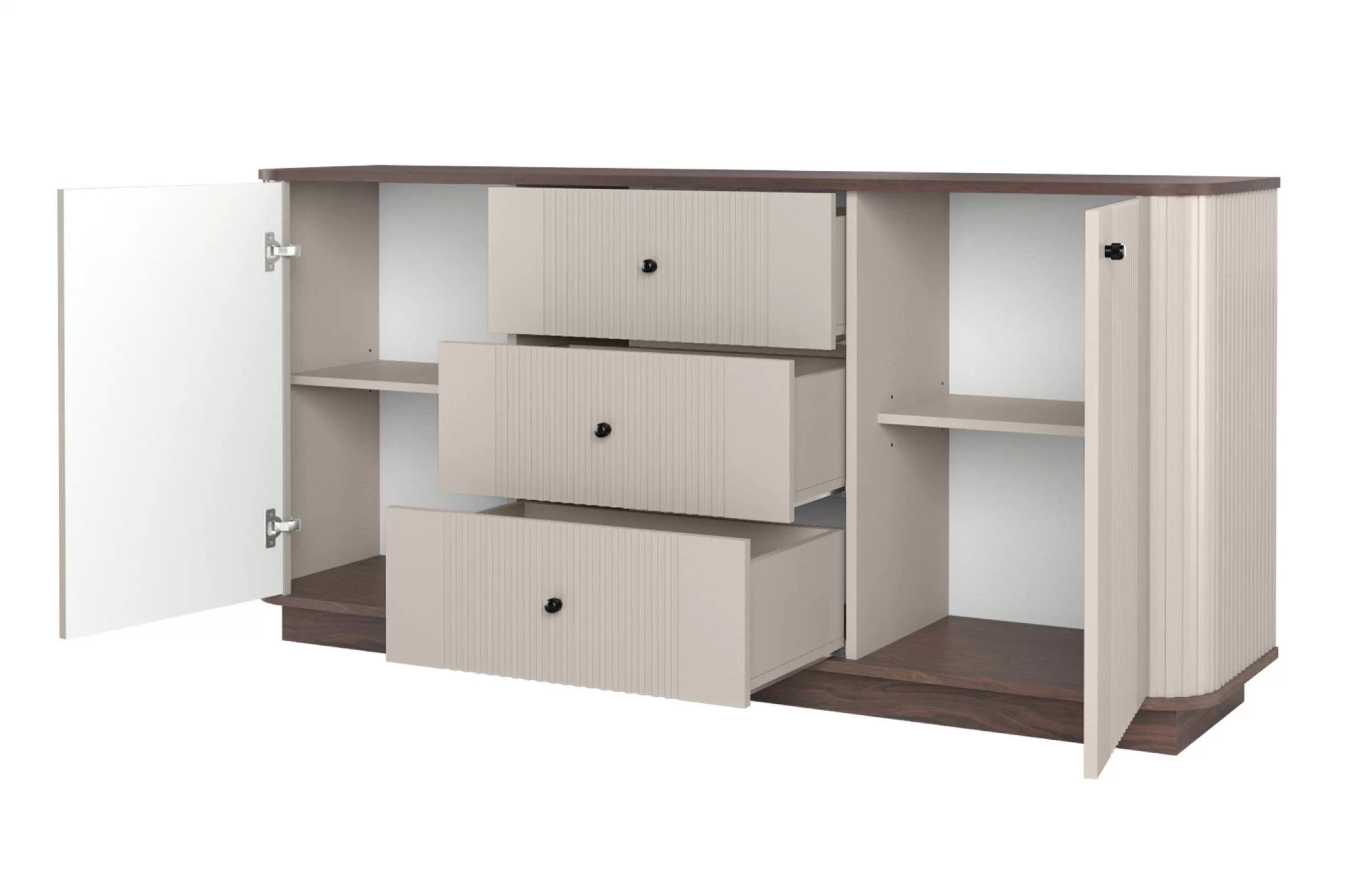 Komoda Vespera 160 cm na sokli - kašmírová / orech / čierna Komoda Vesper 160 cm so zásuvkami - kašmír / Orech / čierny úchyty