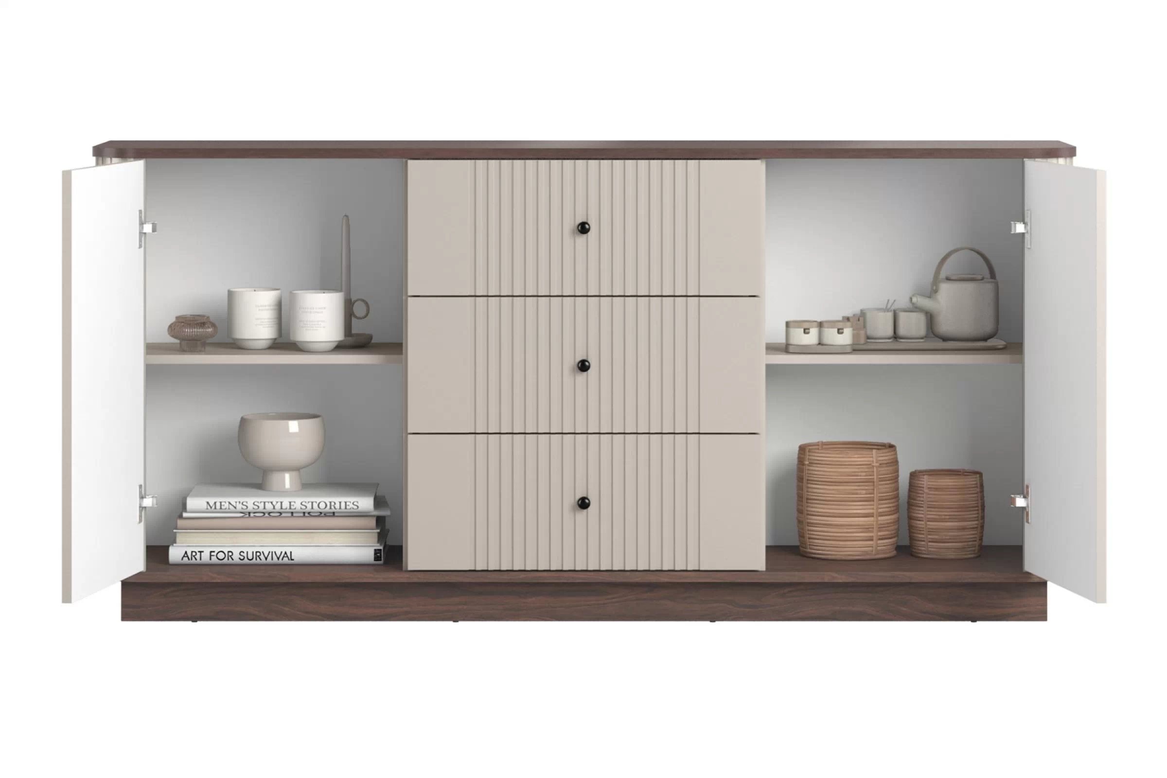 Komoda Vespera 160 cm na sokli - kašmírová / orech / čierna Komoda Vesper 160 cm so zásuvkami - kašmír / Orech / čierny úchyty