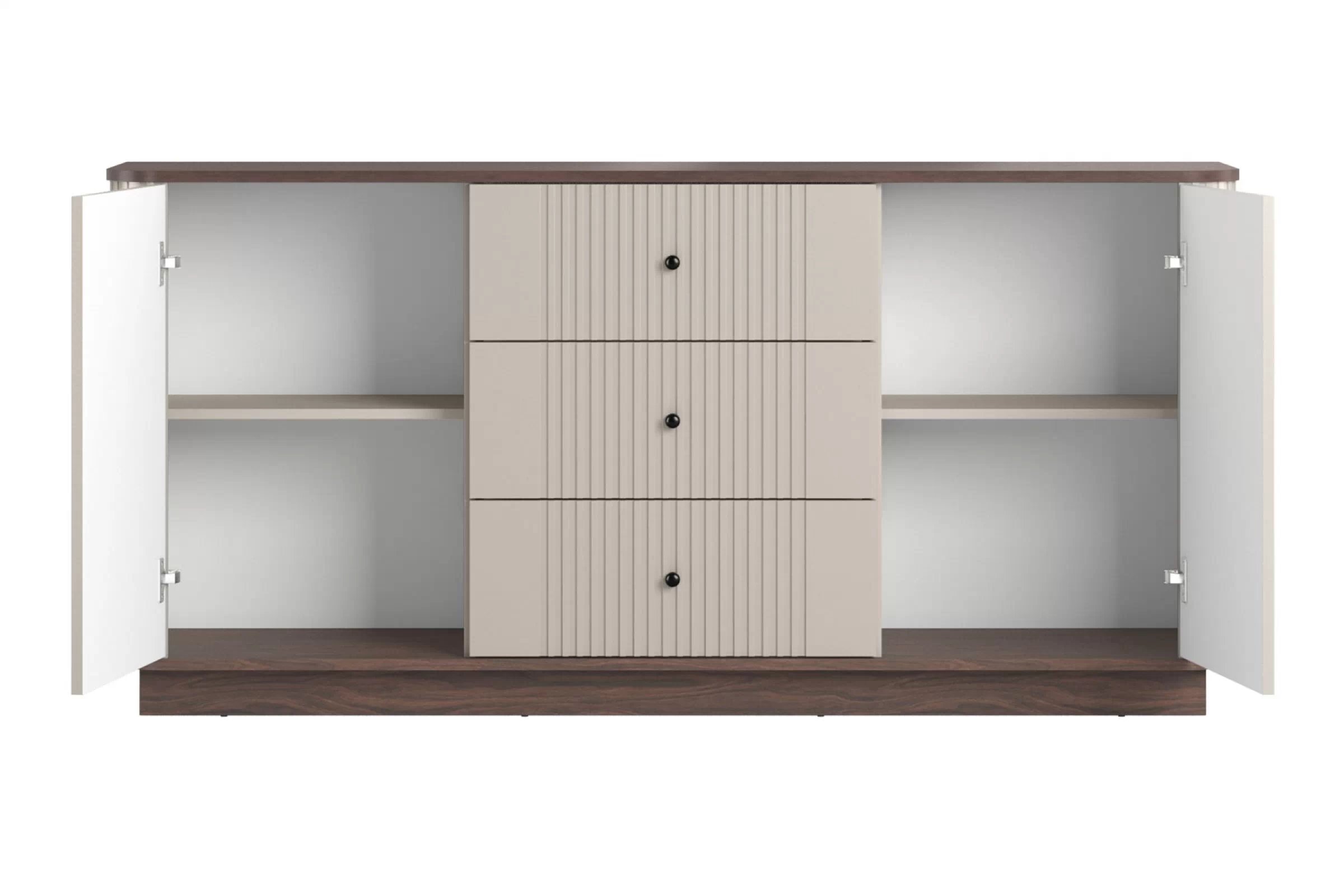 Komoda Vespera 160 cm na sokli - kašmírová / orech / čierna Komoda Vesper 160 cm so zásuvkami - kašmír / Orech / čierny úchyty