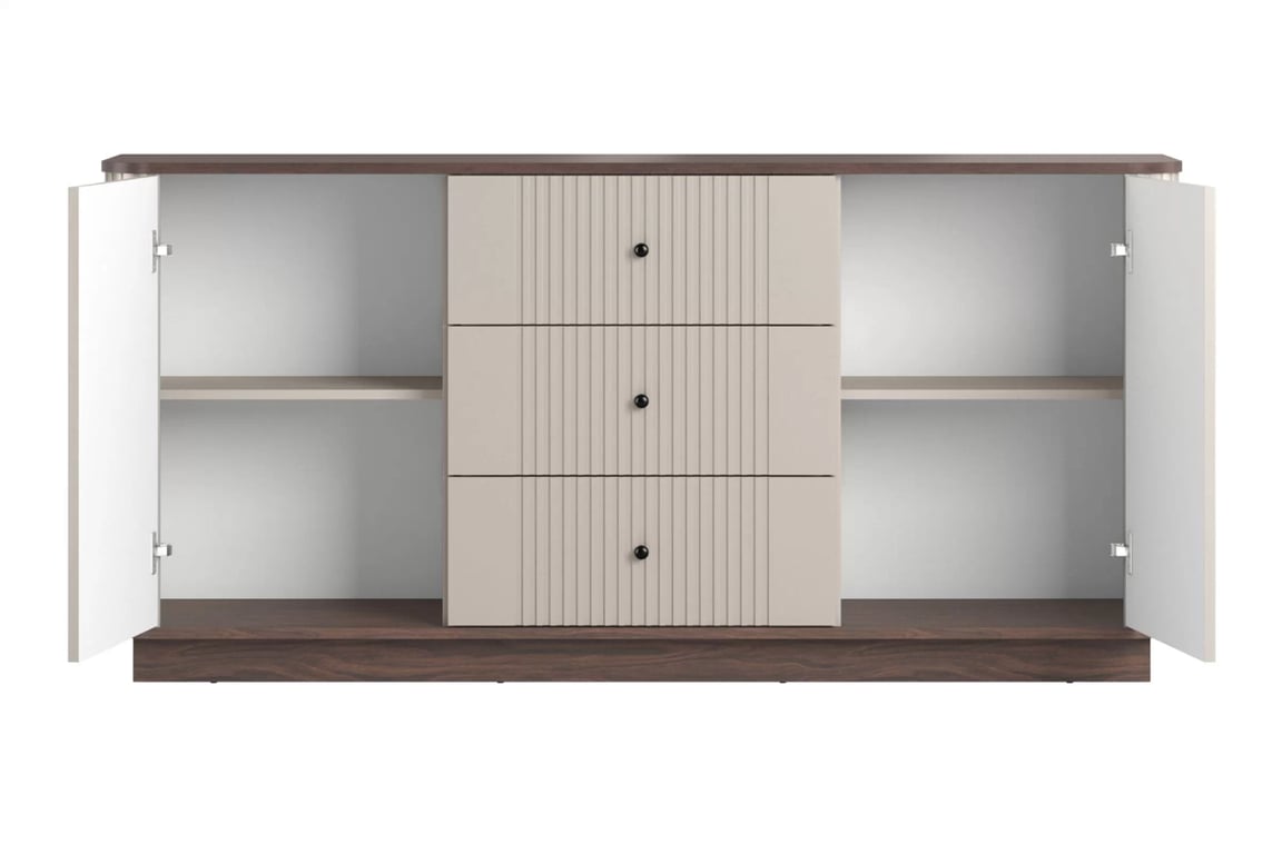 Komoda Vesper 160 cm so zásuvkami - kašmírová / orech / čierne úchytky Komoda Vesper 160 cm so zásuvkami - kašmír / Orech / čierny úchyty