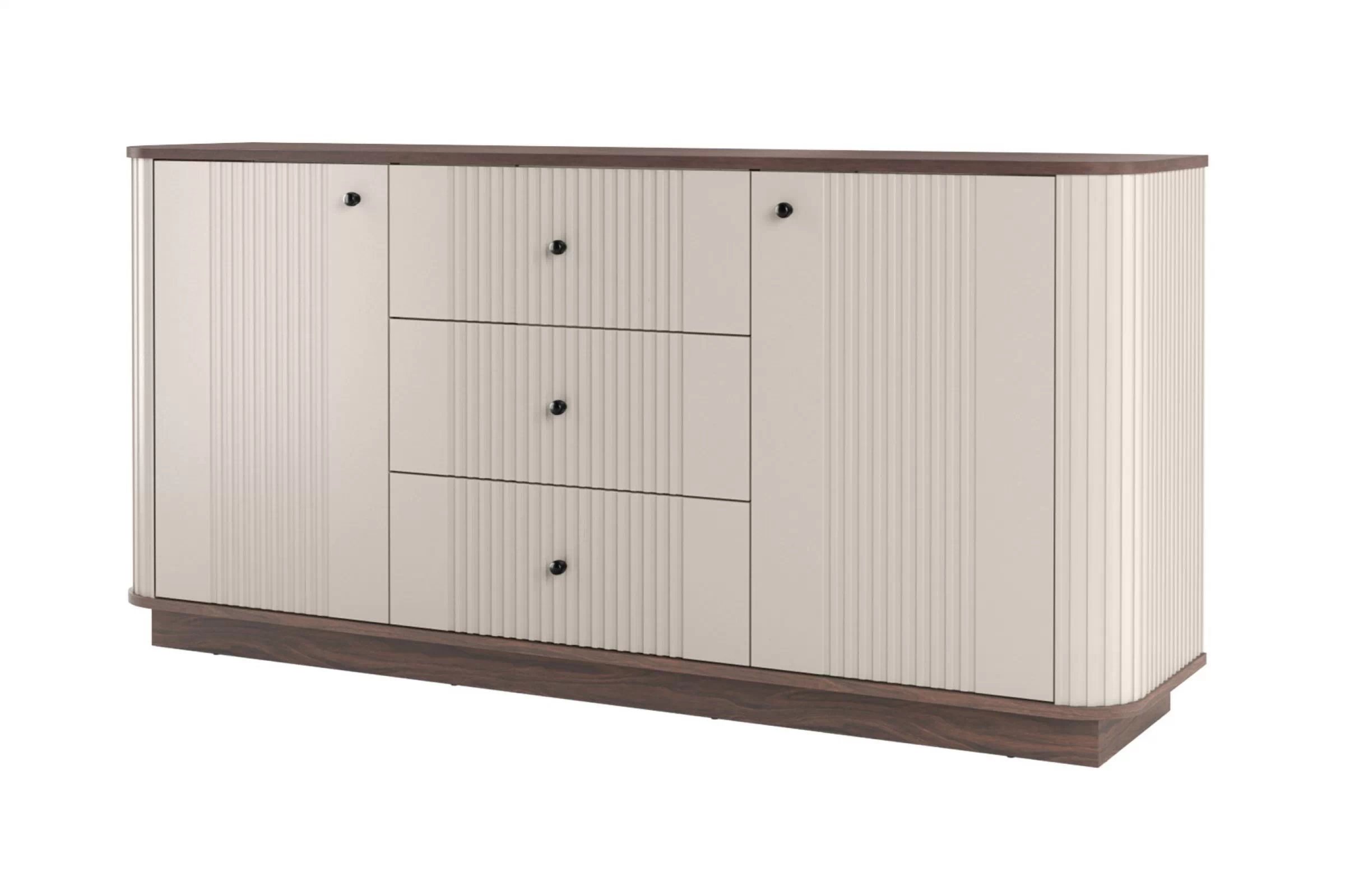 Komoda Vespera 160 cm na sokli - kašmírová / orech / čierna Komoda Vesper 160 cm so zásuvkami - kašmír / Orech / čierny úchyty