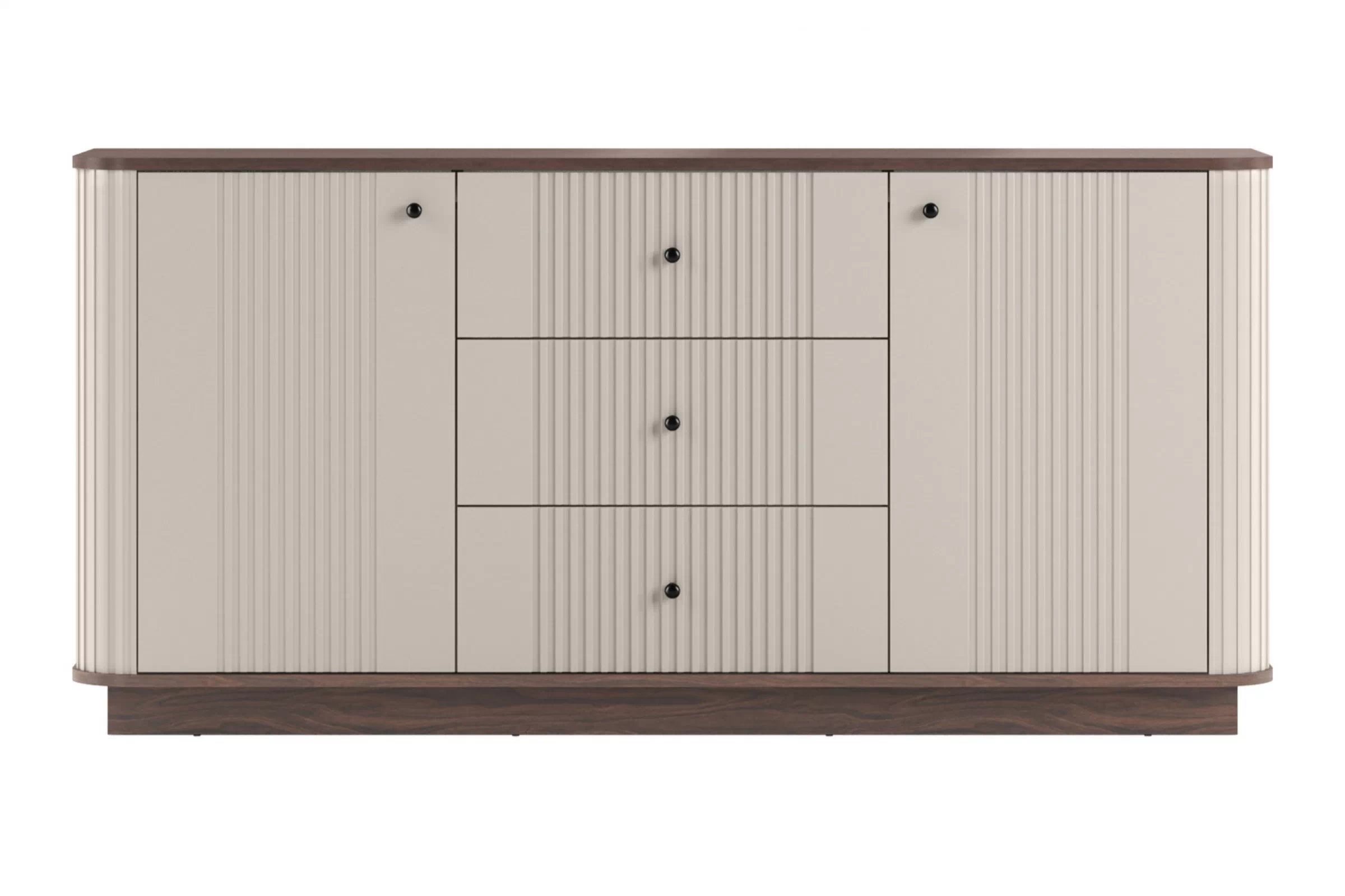 Komoda Vespera 160 cm na sokli - kašmírová / orech / čierna Komoda Vesper 160 cm so zásuvkami - kašmír / Orech / čierny úchyty