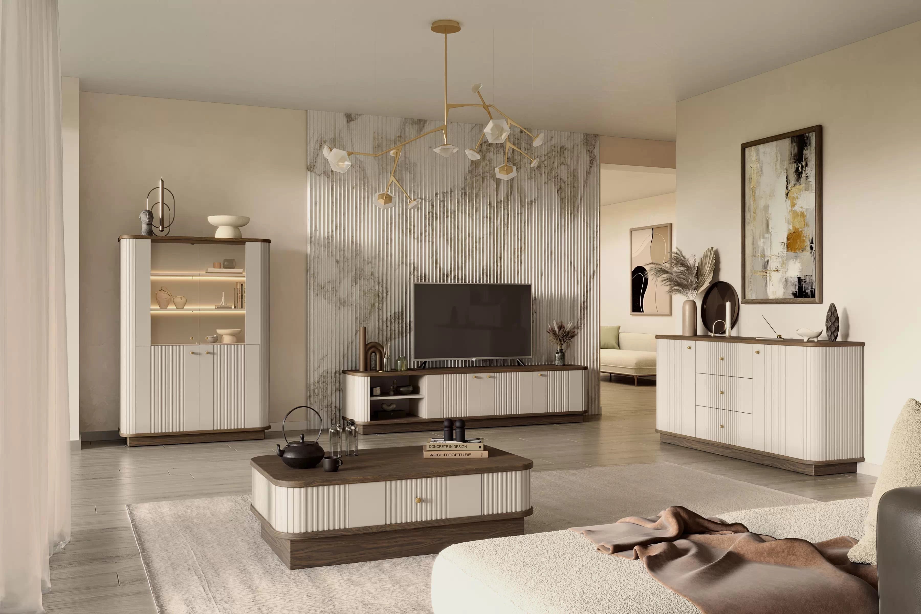 Komoda Vespera 160 cm na sokli - kašmírová / orech / zlatá Komoda Vesper 160 cm so zásuvkami - kašmír / Orech / zlote úchyty