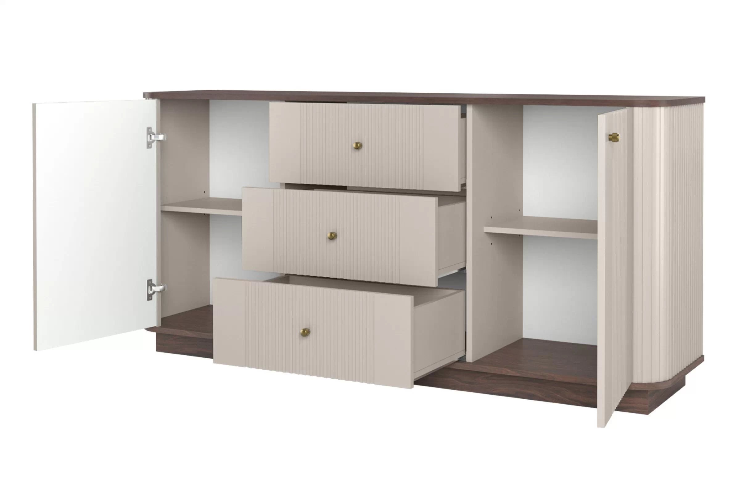 Komoda Vespera 160 cm na sokli - kašmírová / orech / zlatá Komoda Vesper 160 cm so zásuvkami - kašmír / Orech / zlote úchyty