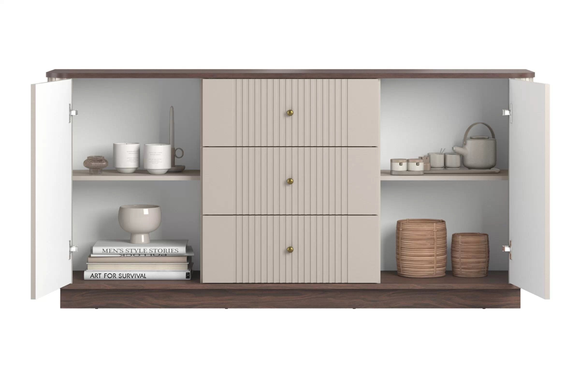 Komoda Vespera 160 cm na sokli - kašmírová / orech / zlatá Komoda Vesper 160 cm so zásuvkami - kašmír / Orech / zlote úchyty