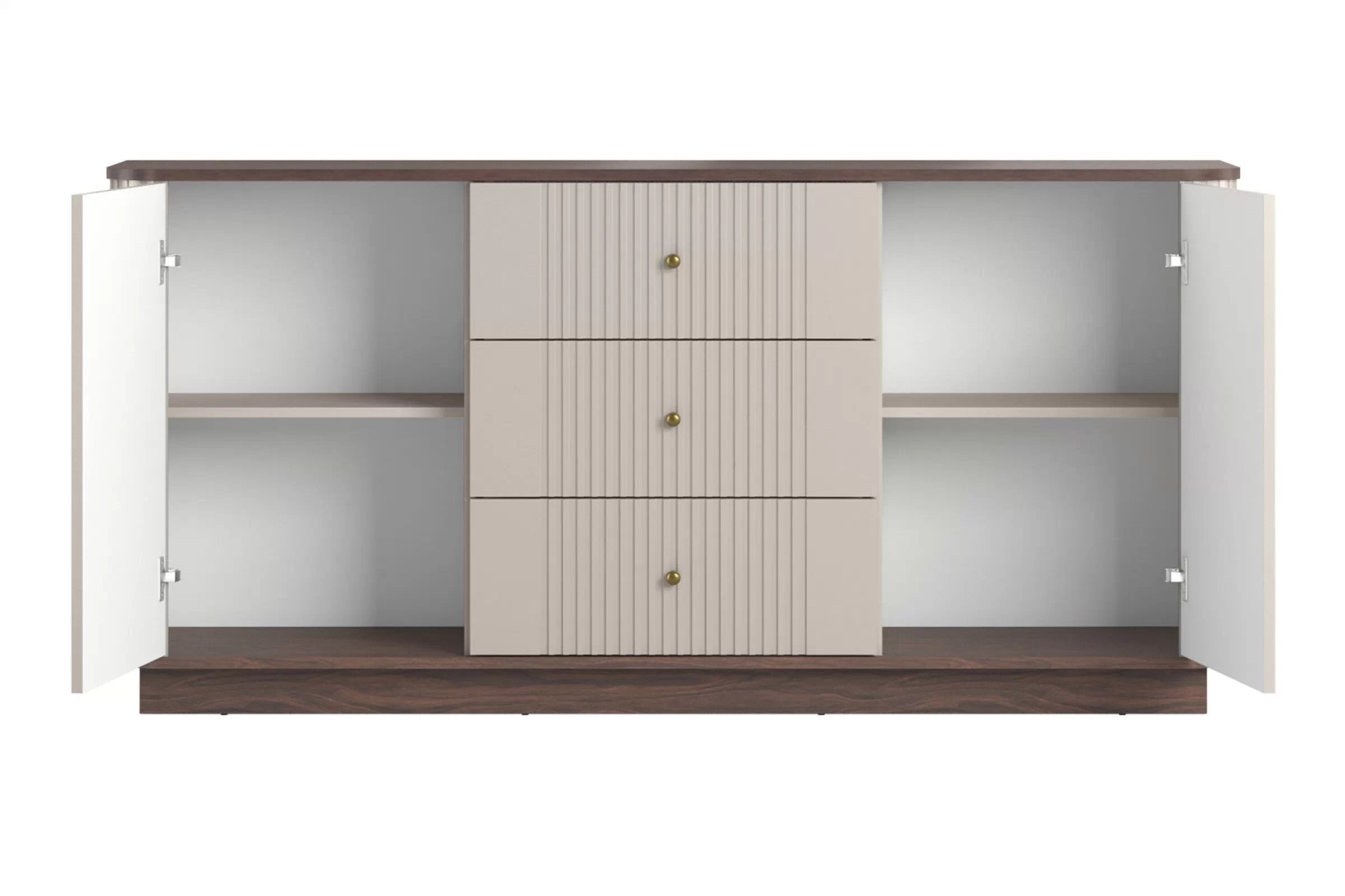 Komoda Vespera 160 cm na sokli - kašmírová / orech / zlatá Komoda Vesper 160 cm so zásuvkami - kašmír / Orech / zlote úchyty