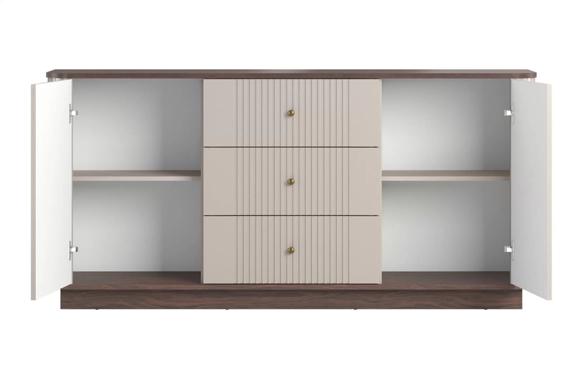 Komoda Vesper 160 cm se zásuvkami - kašmír / ořech / zlote Úchytky Komoda Vesper 160 cm se zásuvkami - kašmír / ořech / zlote Úchytky