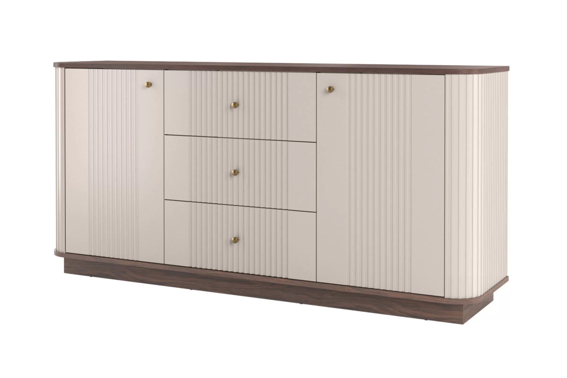 Komoda Vespera 160 cm na sokli - kašmírová / orech / zlatá Komoda Vesper 160 cm so zásuvkami - kašmír / Orech / zlote úchyty