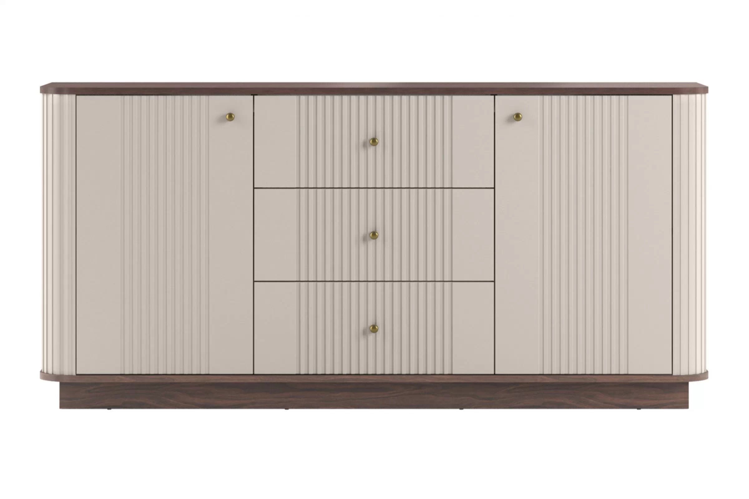 Komoda Vespera 160 cm na sokli - kašmírová / orech / zlatá Komoda Vesper 160 cm so zásuvkami - kašmír / Orech / zlote úchyty