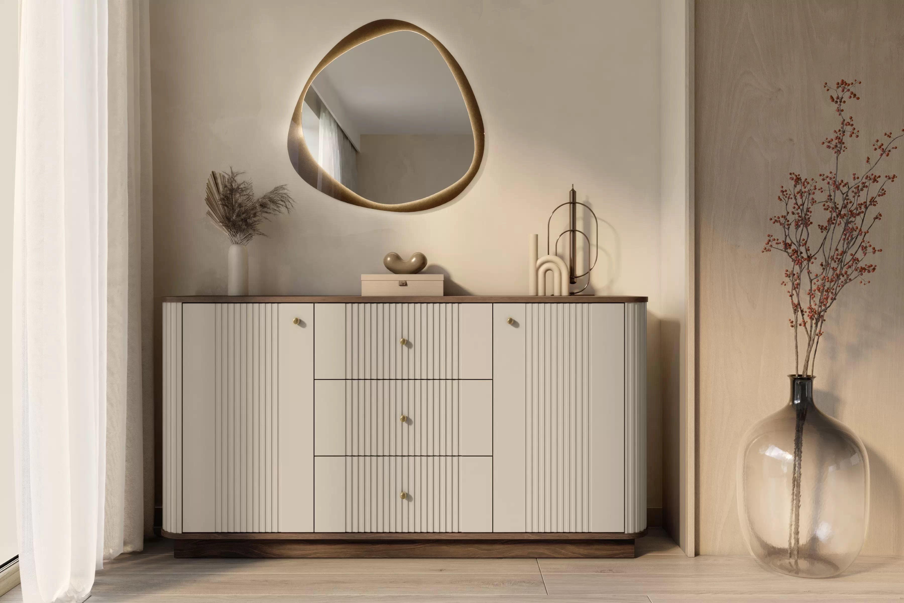 Komoda Vespera 160 cm na sokli - kašmírová / orech / zlatá Komoda Vesper 160 cm so zásuvkami - kašmír / Orech / zlote úchyty