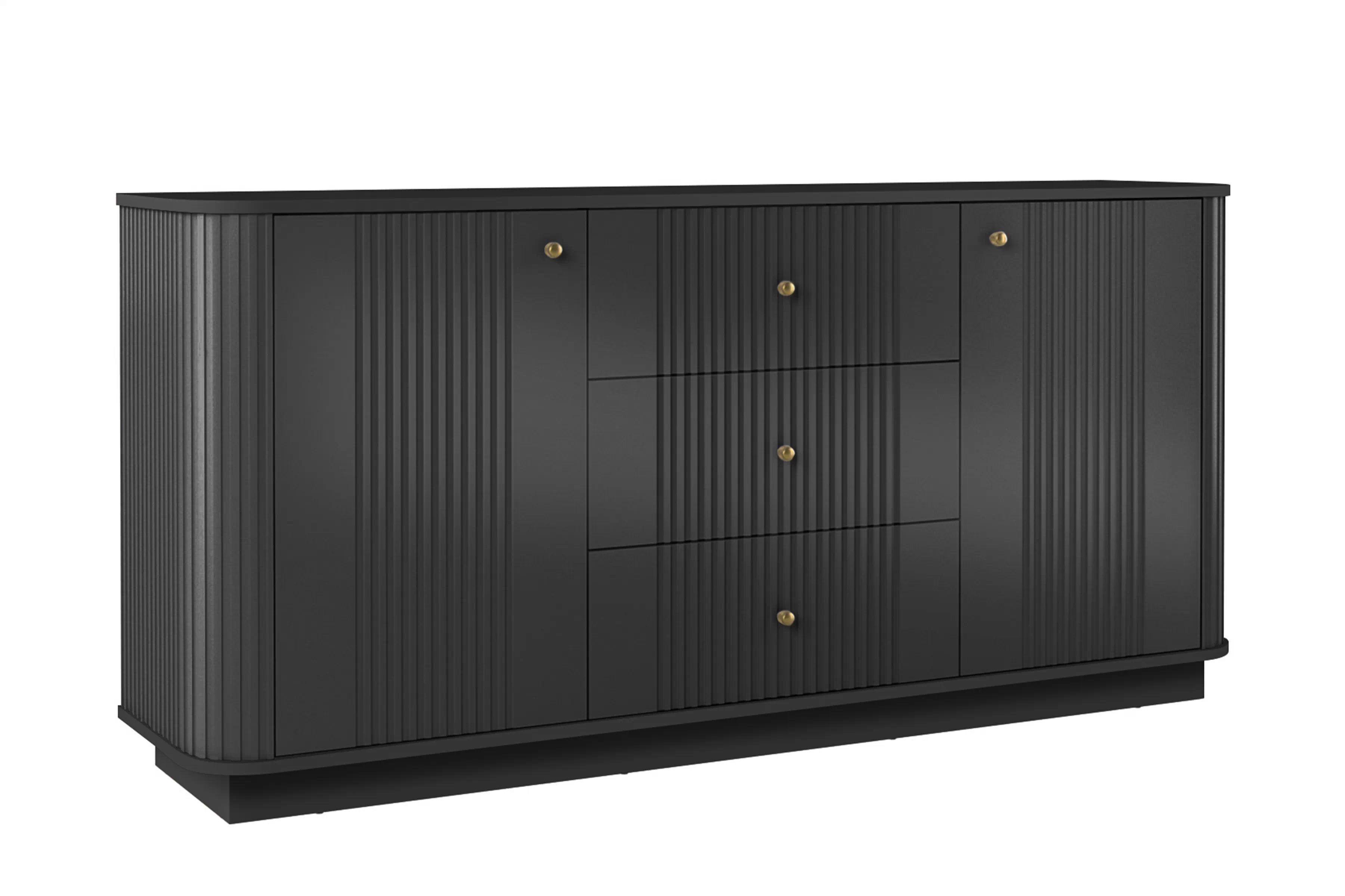 Komoda Vesper 160 cm se zásuvkami na soklu - černá / zlaté úchyty Komoda Vesper 160 cm se zásuvkami na soklu - černá / zlote Úchytky