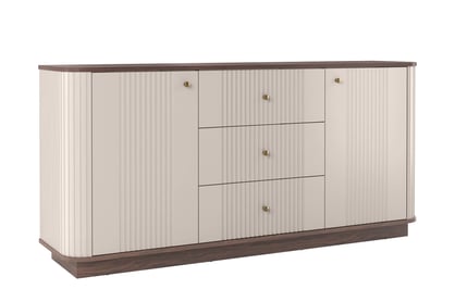 Komoda Vesper 160 cm se zásuvkami na soklu - kašmír / ořech / zlaté úchytky