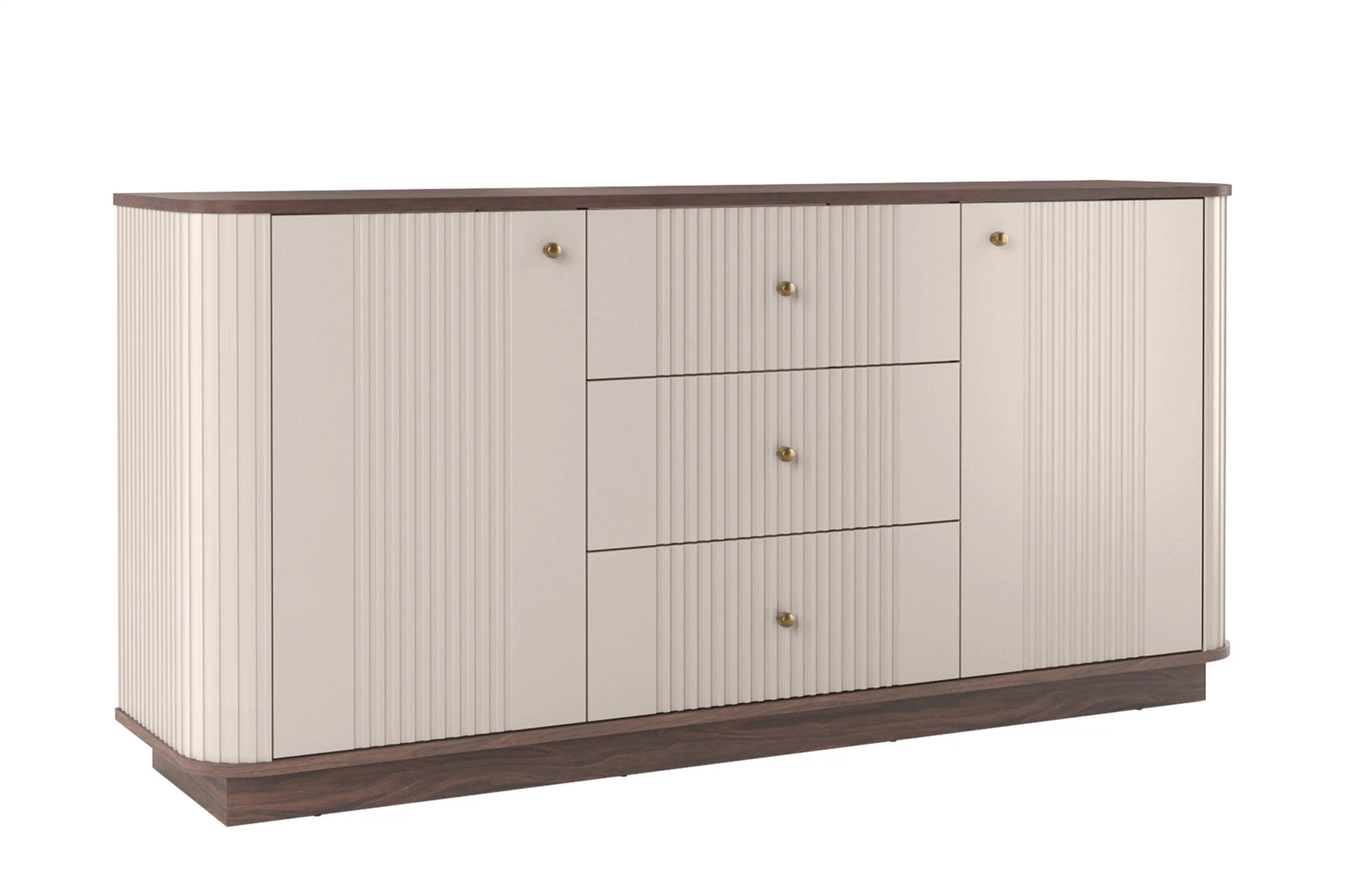 Komoda Vesper 160 cm se zásuvkami na soklu - kašmír / ořech / zlaté úchytky Komoda Vesper 160 cm se zásuvkami na soklu - kašmír / ořech / zlote Úchytky