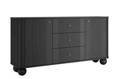Komoda Vesper 160 cm se zásuvkami na kulových nohách - černá / zlaté úchyty / kulové nohy