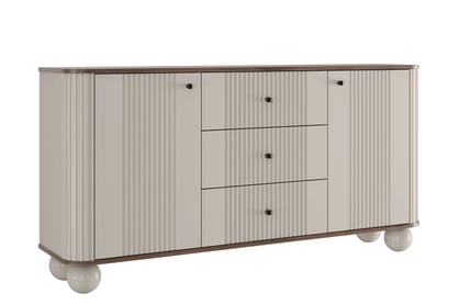 Komoda Vesper 160 cm se zásuvkami na kulových nohách - kašmír / ořech / černé úchyty