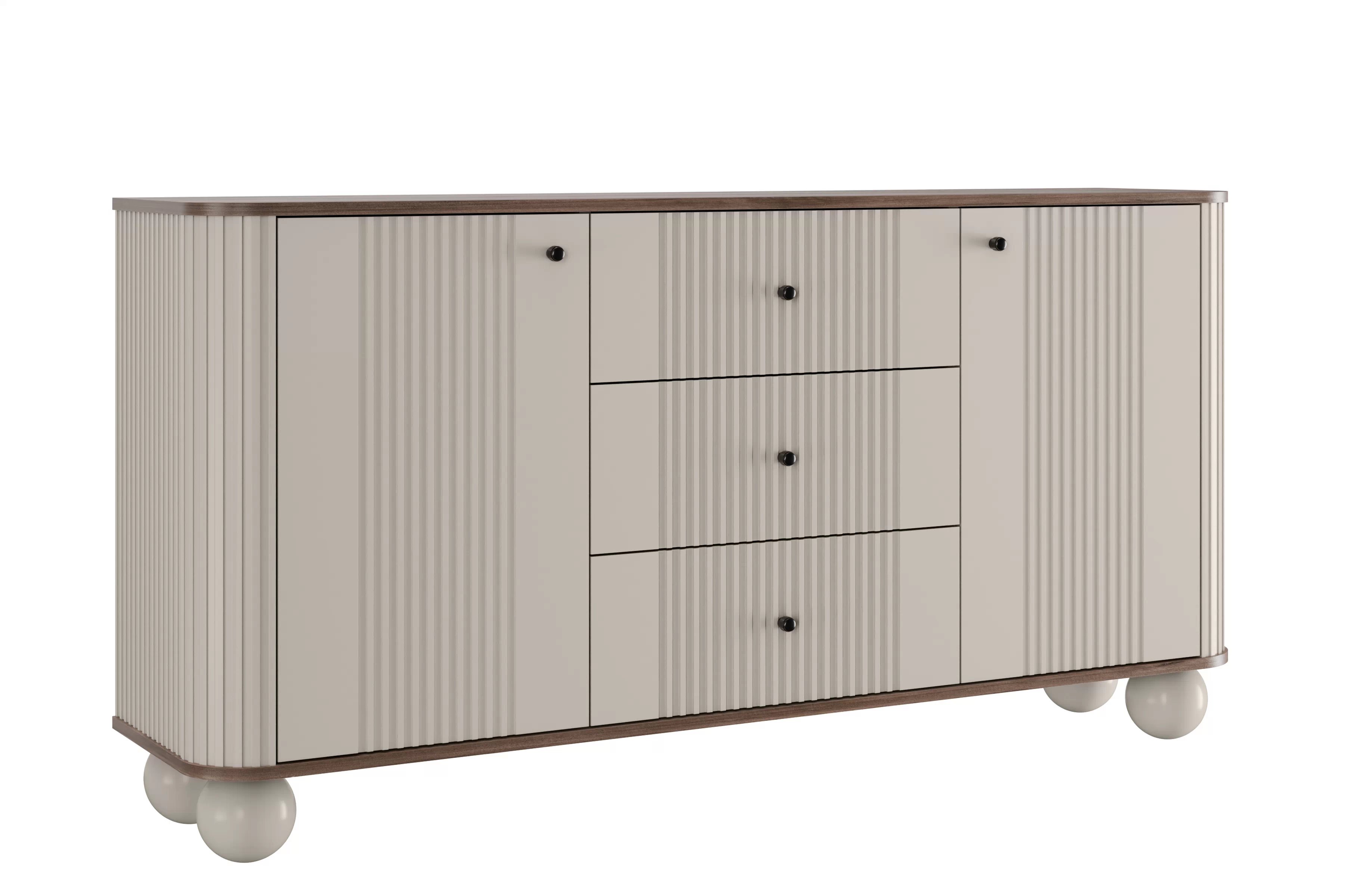 Komoda Vesper 160 cm se zásuvkami na kulových nohách - kašmír / ořech / černé úchyty Komoda Vesper 160 cm se zásuvkami na kulach - kašmír / ořech / černá Úchytky / Nohy kule