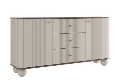 Komoda Vesper 160 cm se zásuvkami na kulových nohách - kašmír / ořech / zlaté úchyty