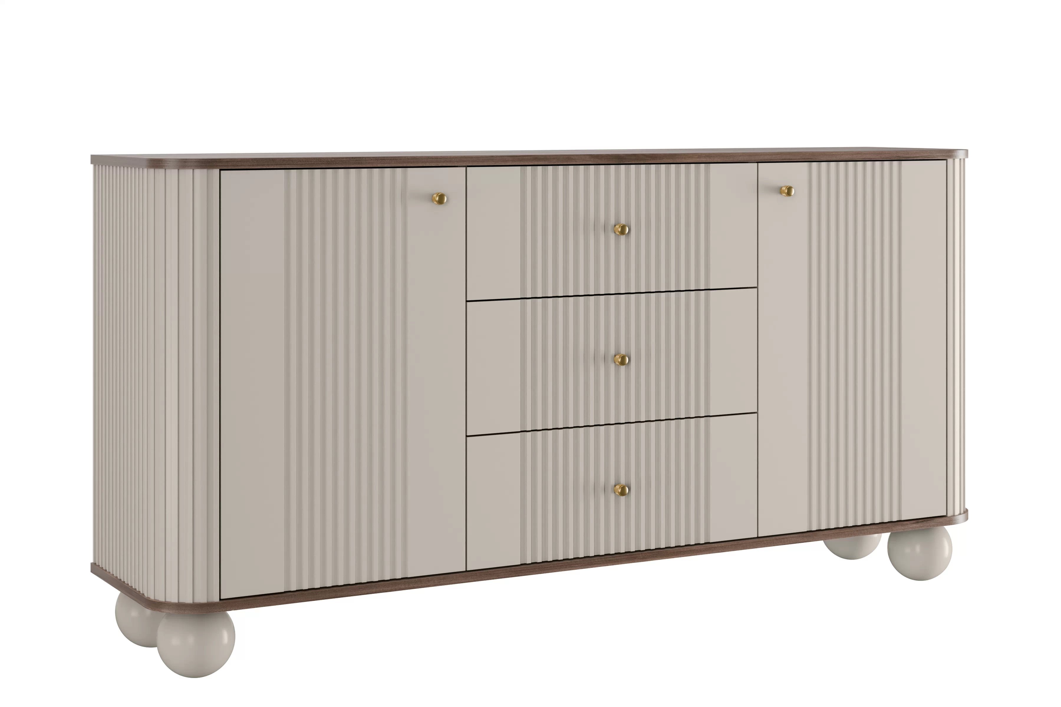 Komoda Vesper 160 cm se zásuvkami na kulových nohách - kašmír / ořech / zlaté úchyty Komoda Vesper 160 cm se zásuvkami na kulach - kašmír / ořech / zlote Úchytky / Nohy kule