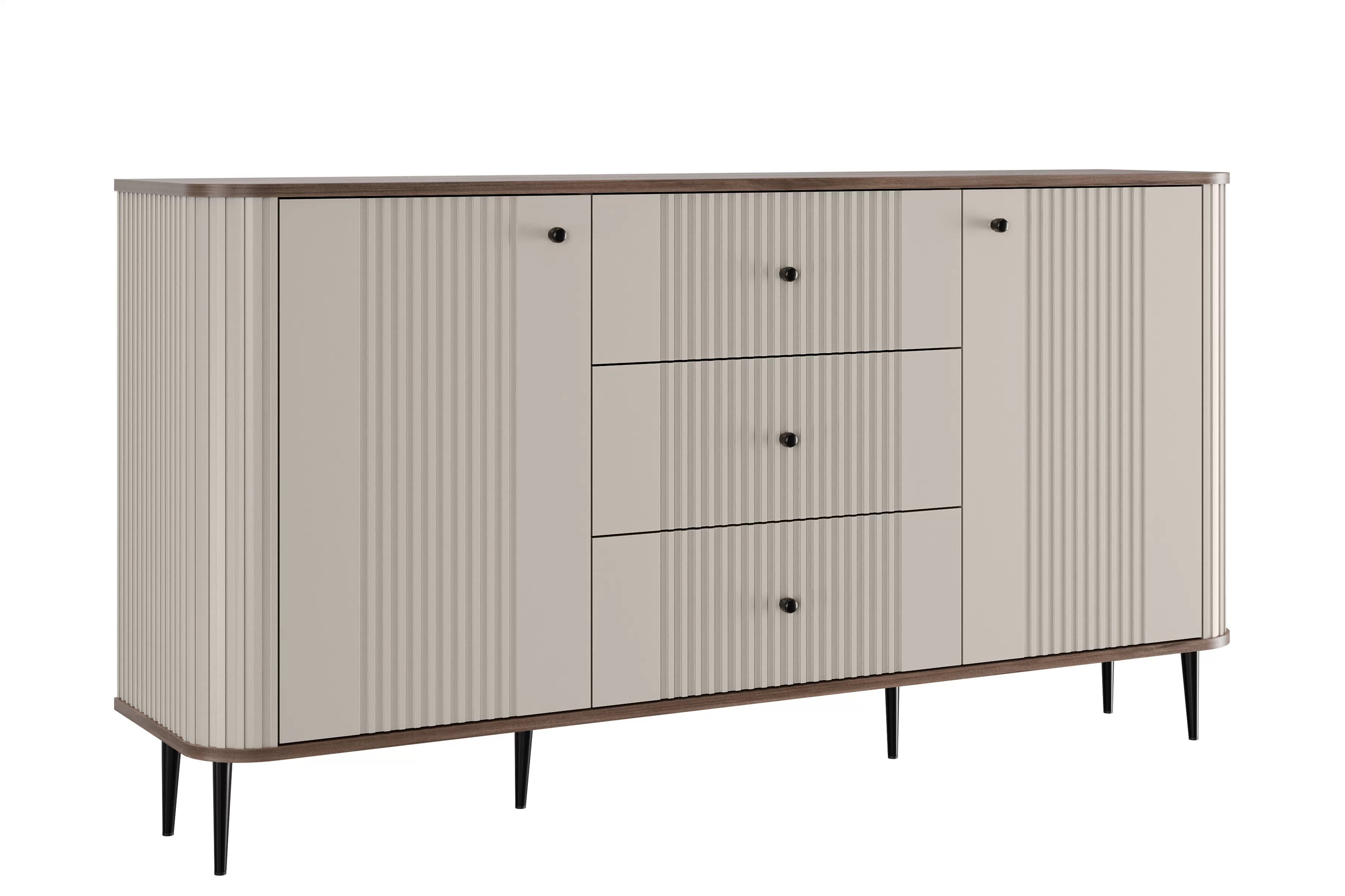 Komoda Vesper 160 cm se zásuvkami na nožkách - kašmír / ořech / černé nohy Komoda Vesper 160 cm se zásuvkami na nožkách - kašmír / ořech / černé nožičky