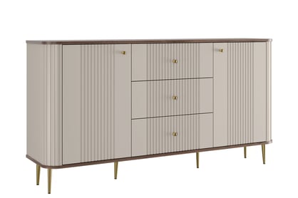 Komoda Vesper 160 cm se zásuvkami na nožkách - kašmír / ořech / zlaté nohy