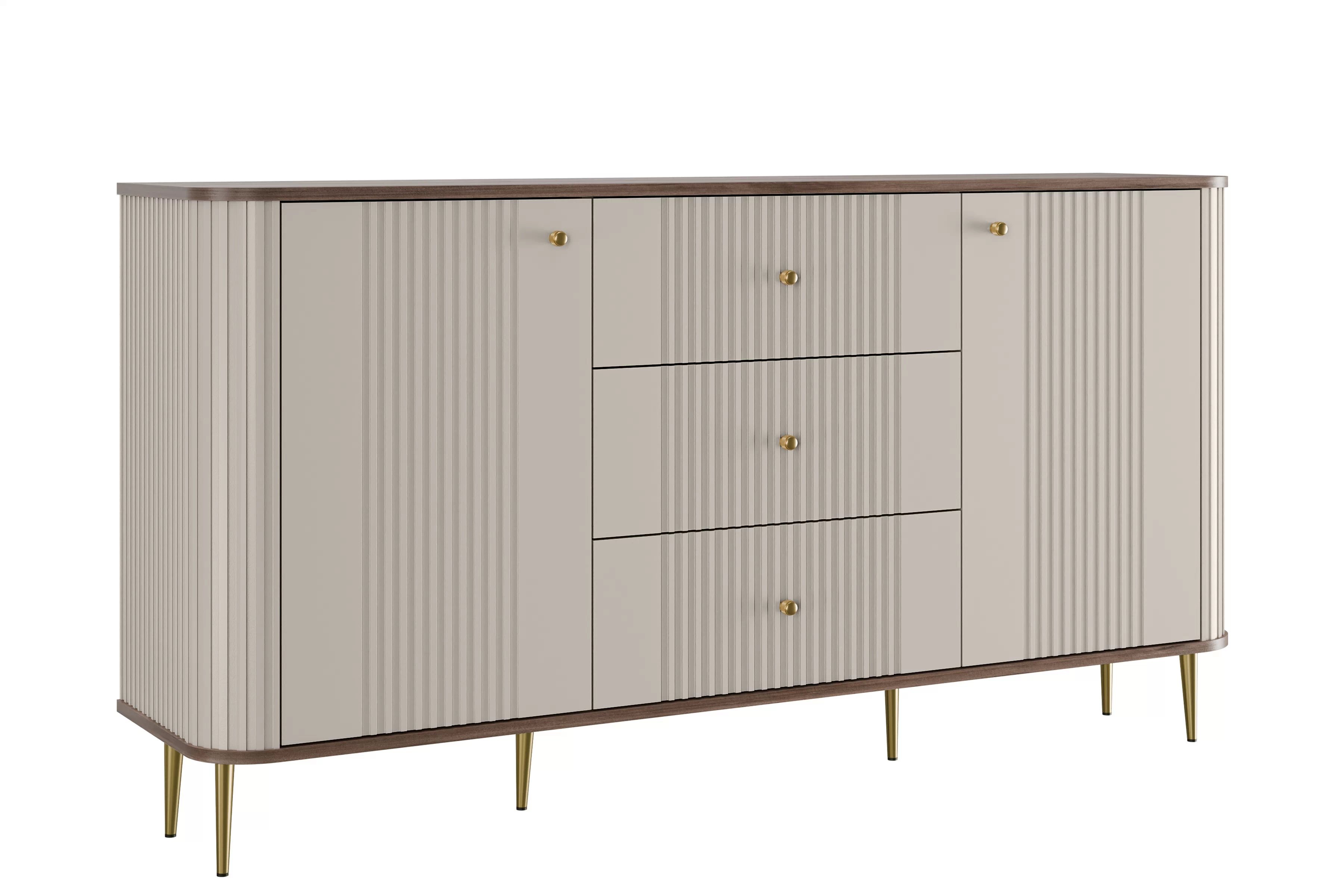 Komoda Vesper 160 cm se zásuvkami na nožkách - kašmír / ořech / zlaté nohy Komoda Vesper 160 cm se zásuvkami na nožkách - kašmír / ořech / zlote Nohy