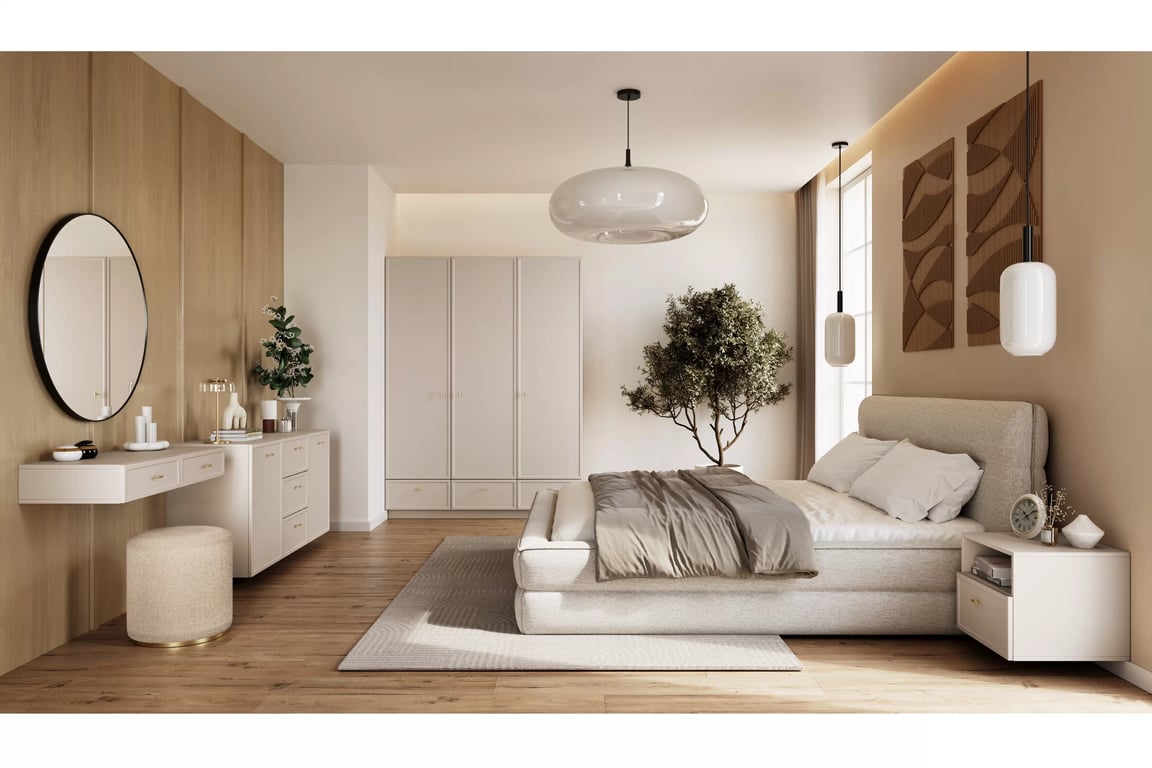 Závesná komoda Lorini 150 cm so zásuvkami - kašmír / zlaté úchytky T-bar Komoda závesná Lorini 150 cm so zásuvkami - kašmír / zlote úchyty T-bar