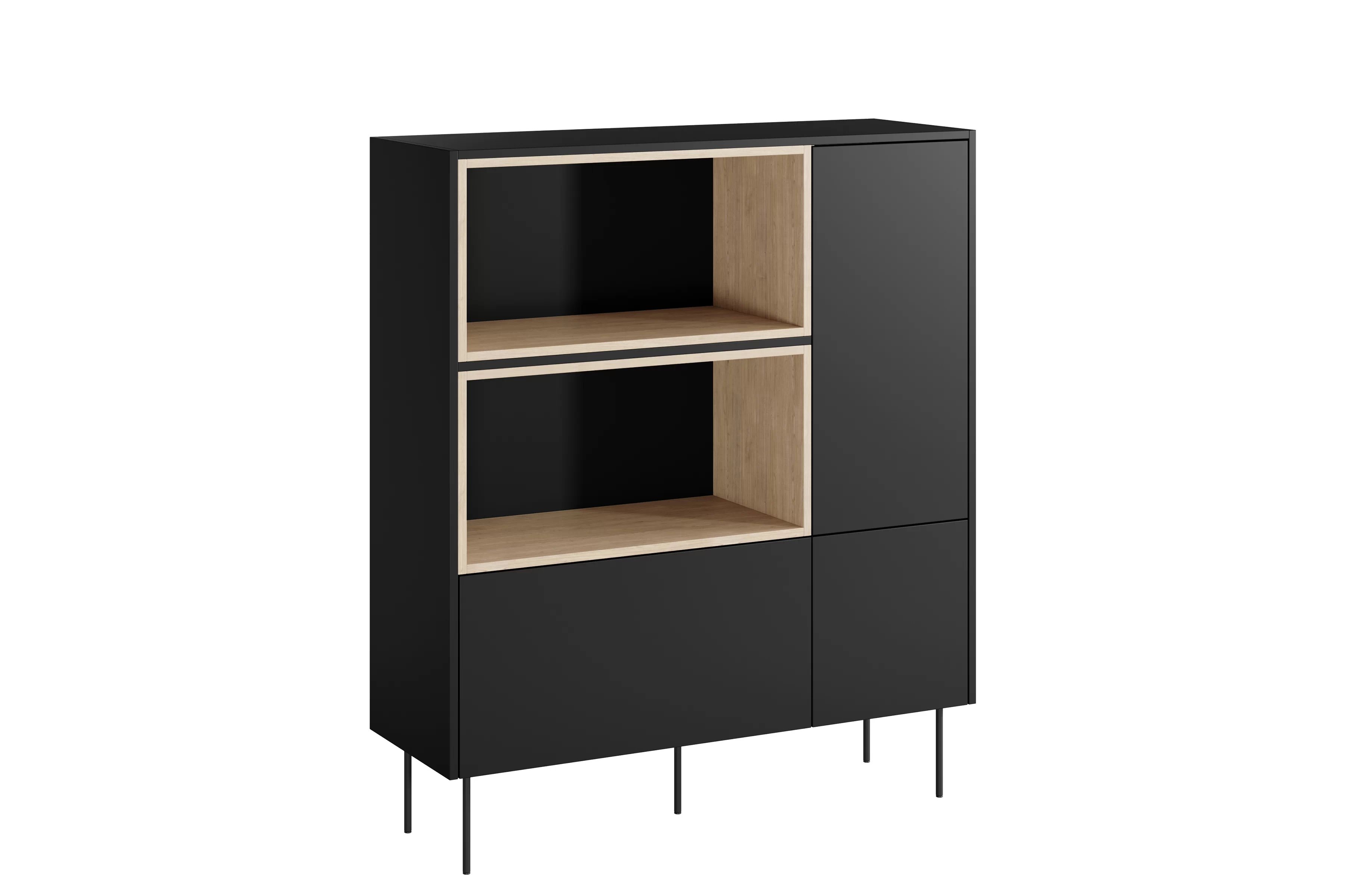 Vysoká komoda Desin 120 cm s dvoma dverami a zásuvkou - čierny mat / dub nagano Komoda vysoká Desin 120 cm dvojdverová z szuflada i wnekami - Čierny mat / Dub nagano