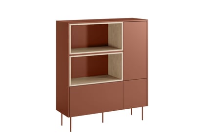 Vysoká komoda Desin 120 cm s dvoma dverami a zásuvkou - červená / keramická červená / dub Nagano