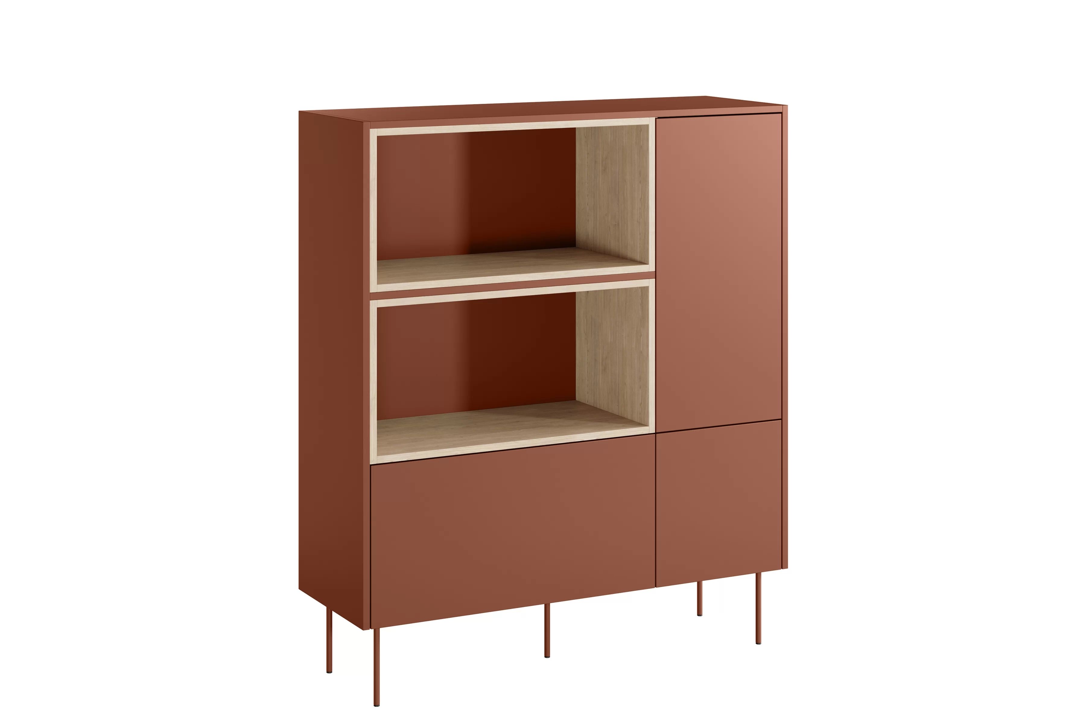 Vysoká komoda Desin 120 cm s dvoma dverami a zásuvkou - červená / keramická červená / dub Nagano Komoda vysoká Desin 120 cm dvojdverová z szuflada i wnekami - Červený / ceramic red / Dub nagano