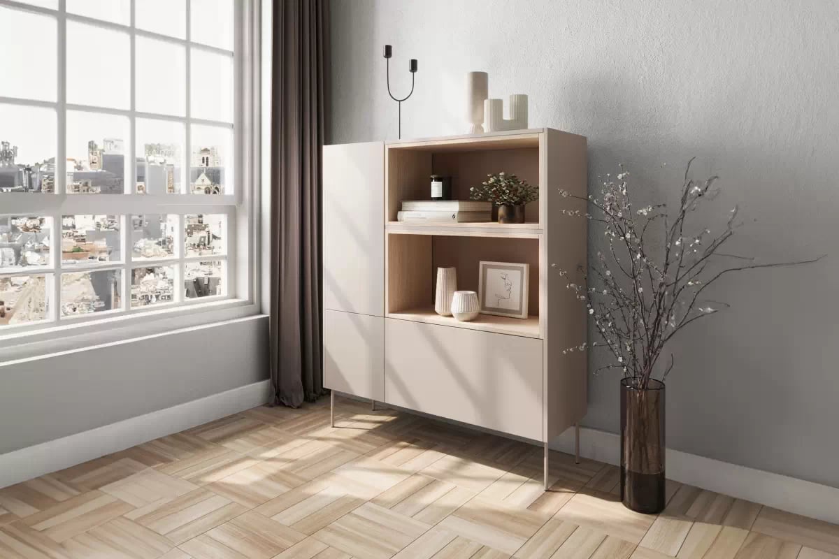 Vysoká komoda Desin 120 cm s dvoma dverami a zásuvkou - kasmír / dub Nagano Komoda vysoká Desin 120 cm dvojdverová z szuflada i wnekami - kašmír / Dub nagano