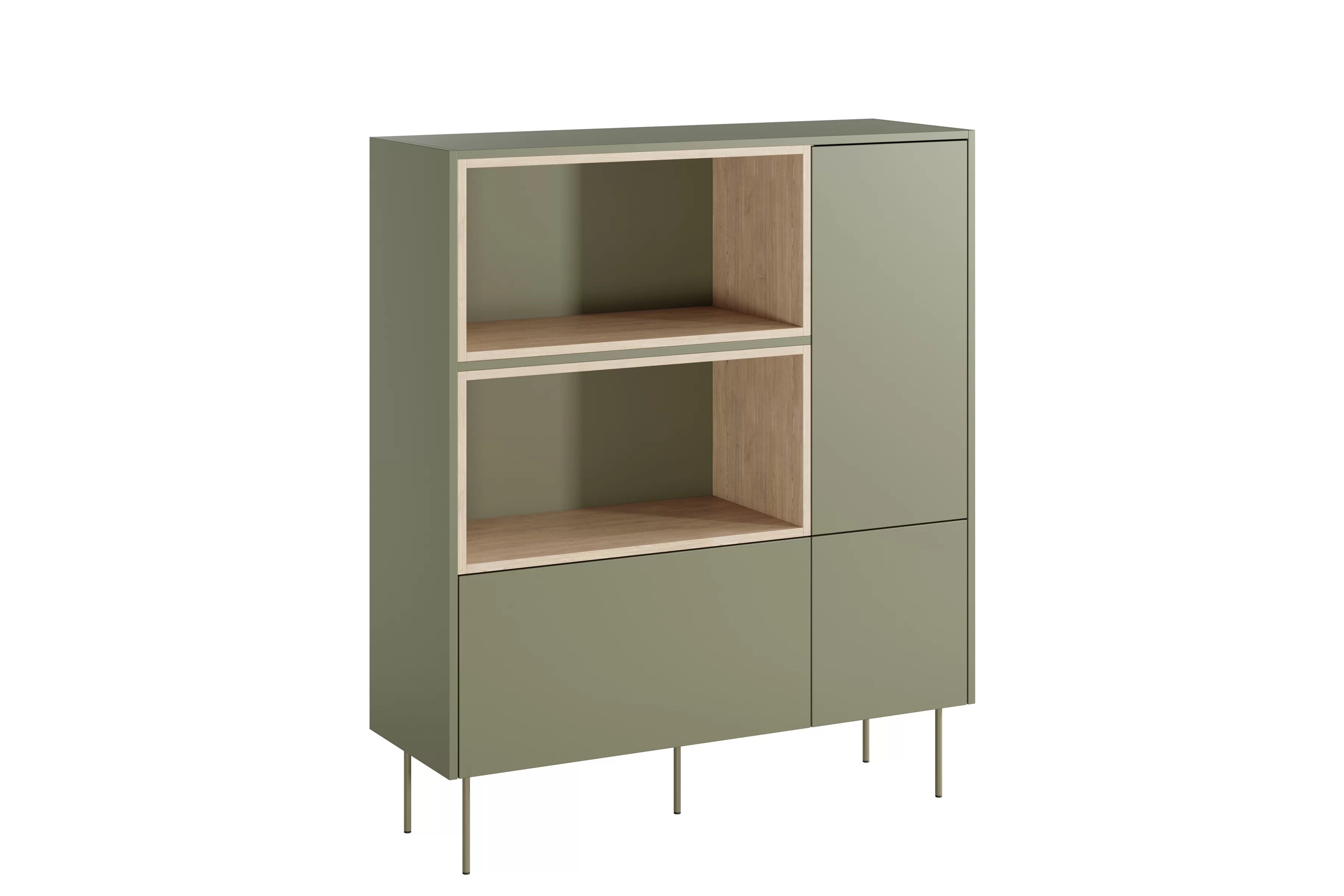 Vysoká komoda Desin 120 cm s dvoma dverami a zásuvkou - olivový / dub nagano Komoda vysoká Desin 120 cm dvojdverová z szuflada i wnekami - Oliva / Dub nagano
