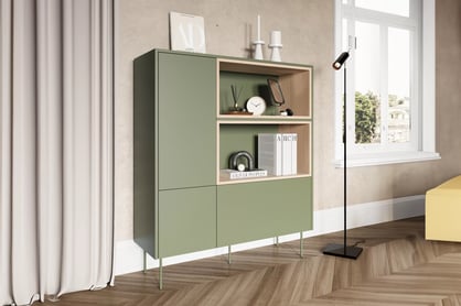 Vysoká komoda Desin 120 cm s dvoma dverami a zásuvkou - olivový / dub nagano Komoda vysoká Desin 120 cm dvojdverová z szuflada i wnekami - Oliva / Dub nagano